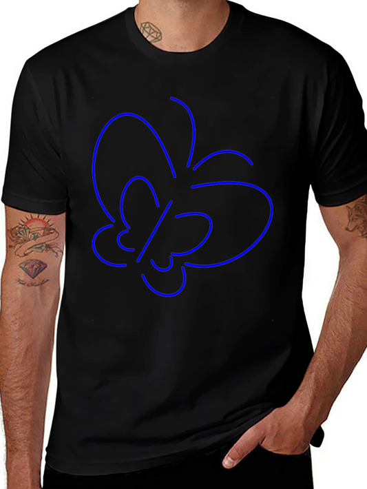 Minimalist Blue Butterfly Outline Black T-Shirt