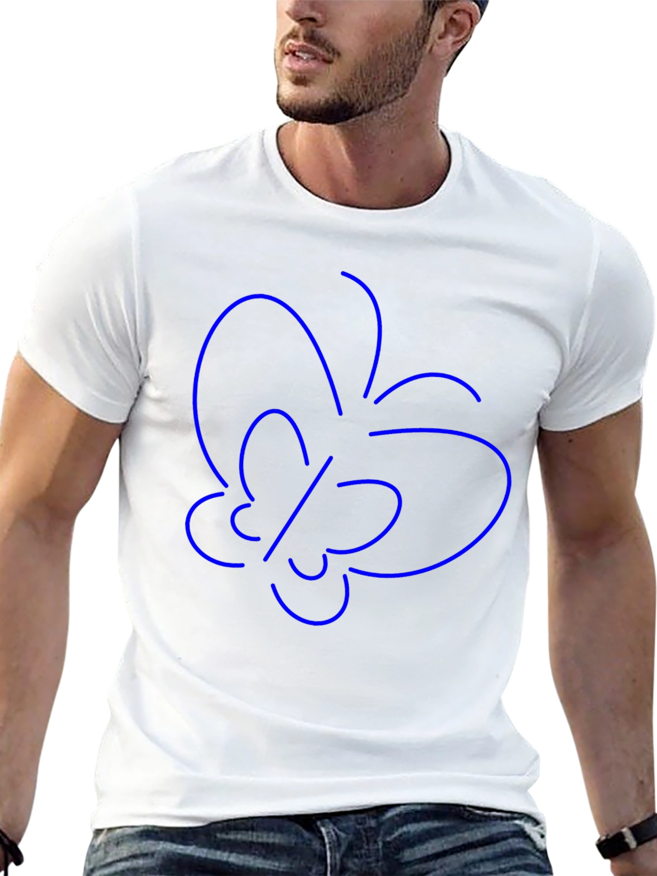Minimalist Blue Butterfly Outline Black T-Shirt