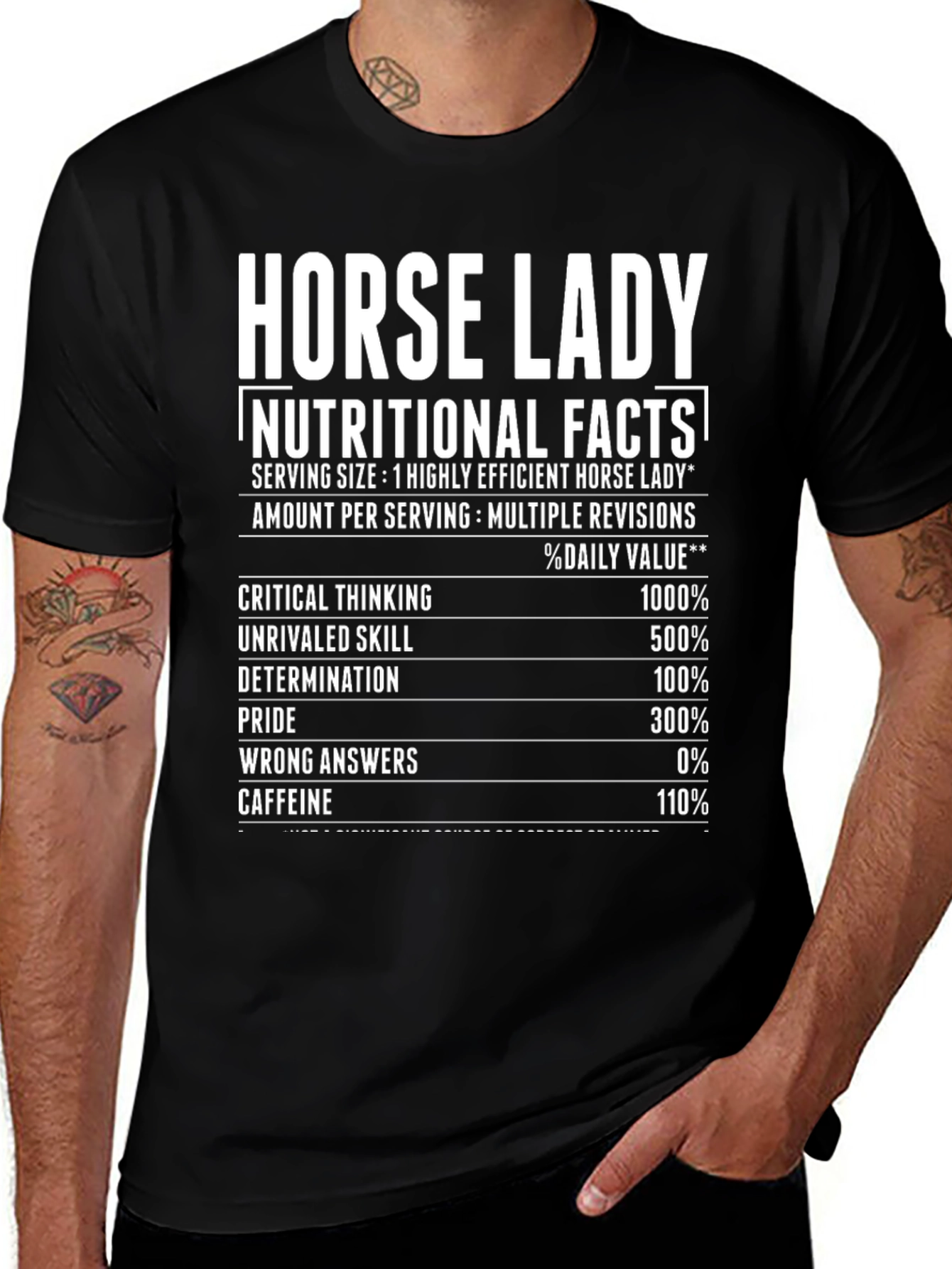 Horse Lady Nutritional Facts Black T-Shirt