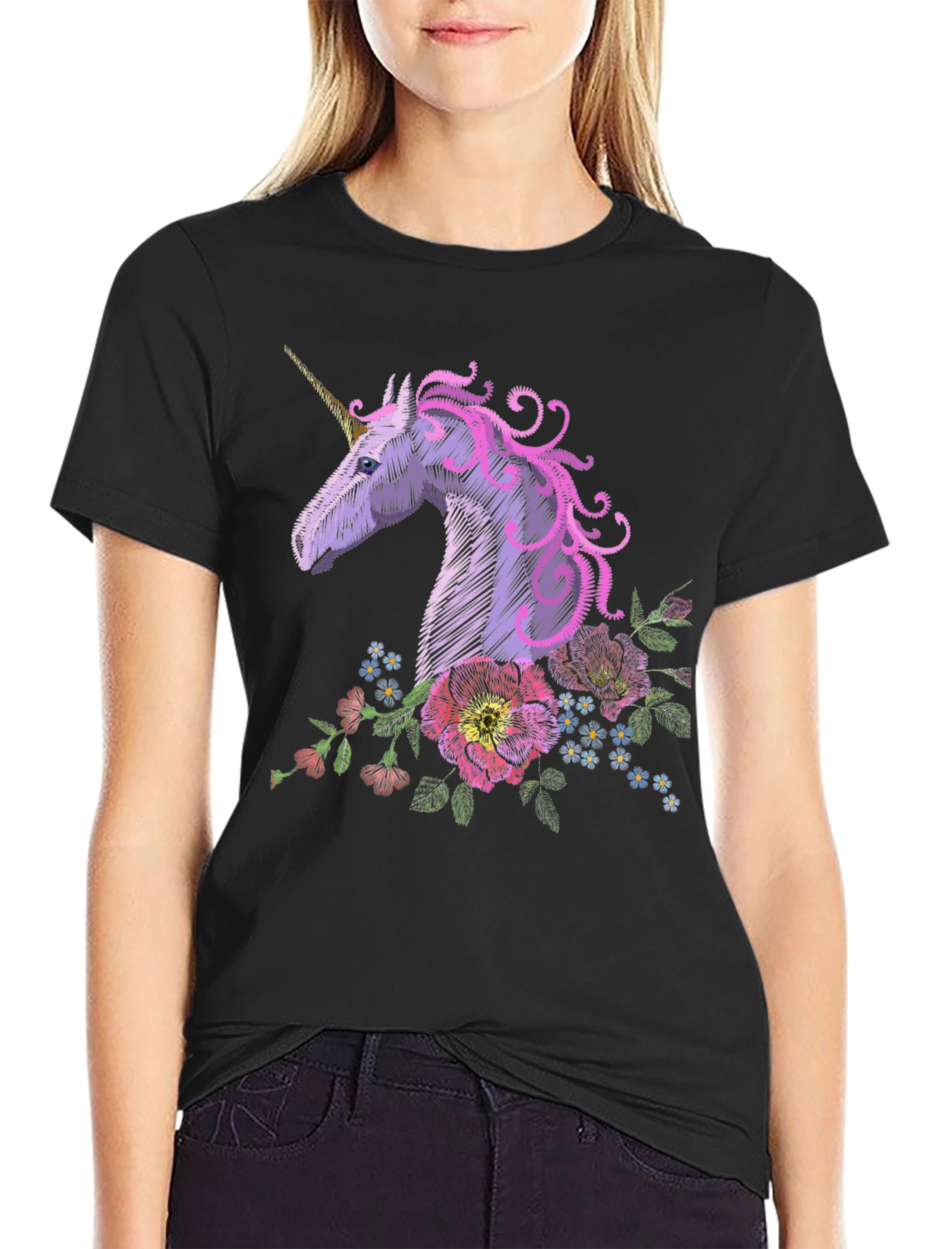 Unicorn Floral Embroidered T-Shirt