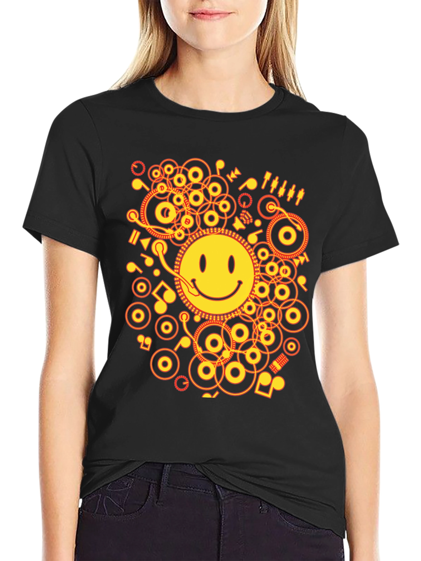 Smiley Face DJ Graphic Tee - Black Cotton Blend