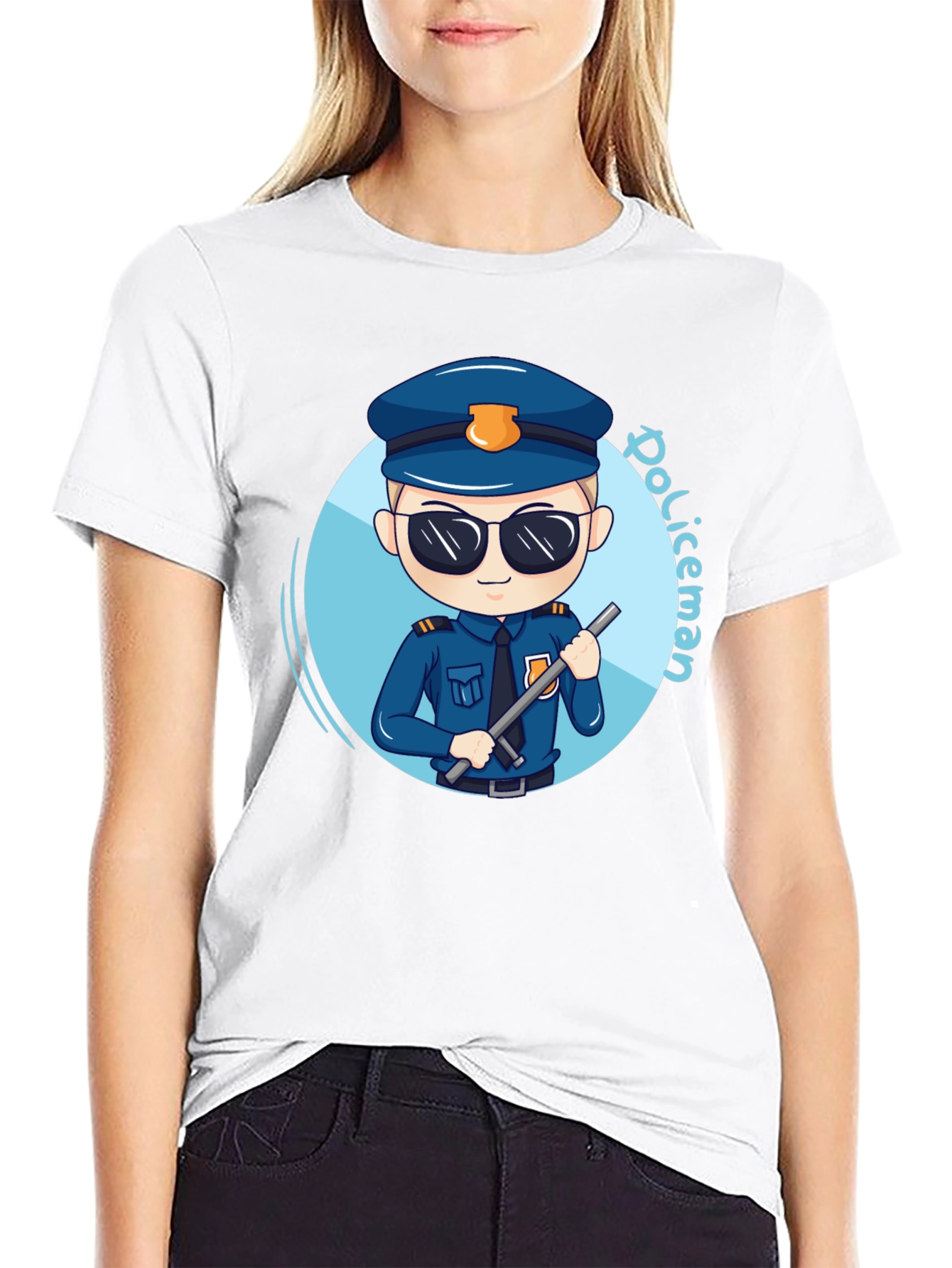 Cartoon Policeman Graphic Tee - Black Unisex T-Shirt