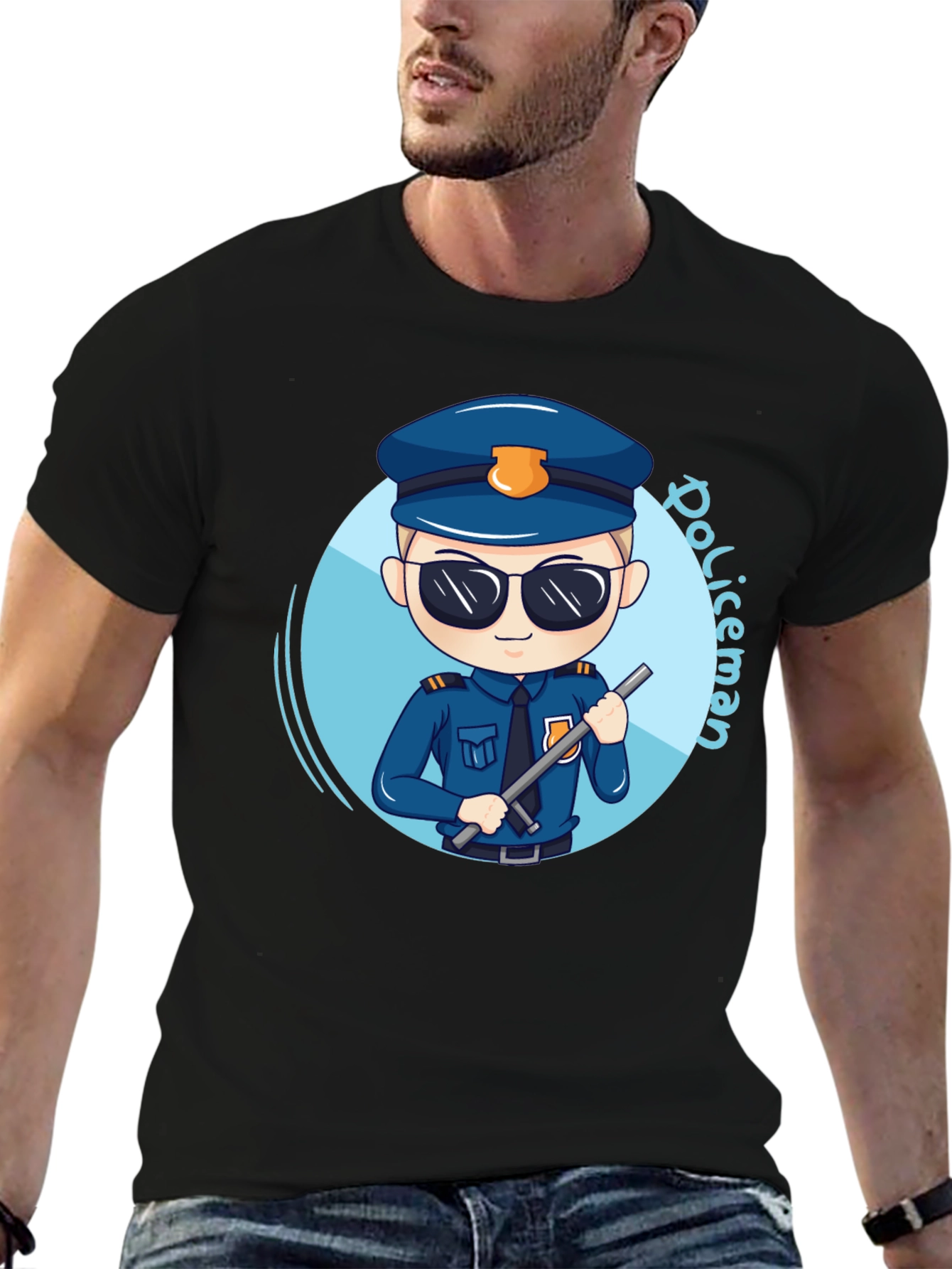 Cartoon Policeman Graphic Tee - Black Unisex T-Shirt