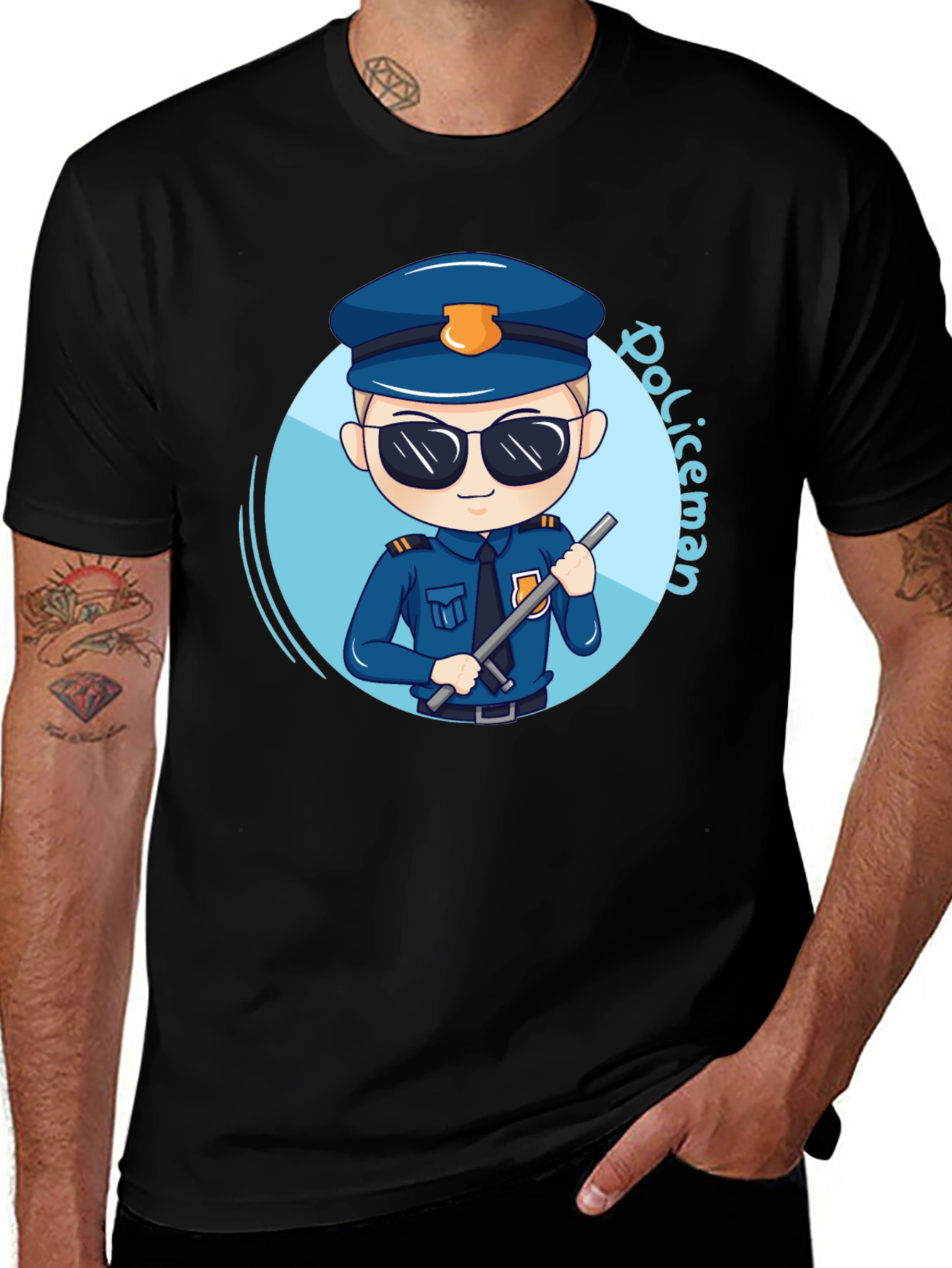 Cartoon Policeman Graphic Tee - Black Unisex T-Shirt