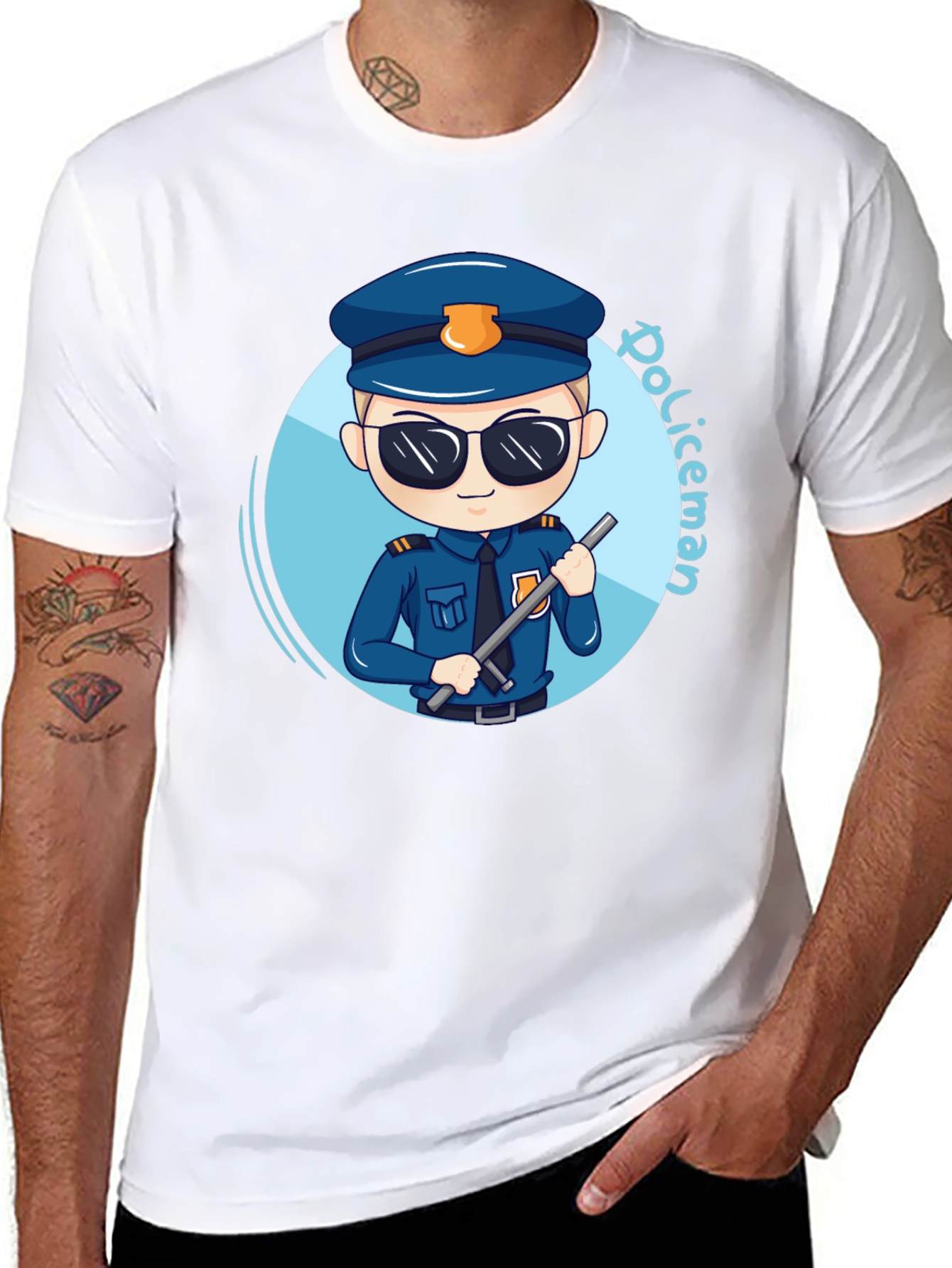 Cartoon Policeman Graphic Tee - Black Unisex T-Shirt