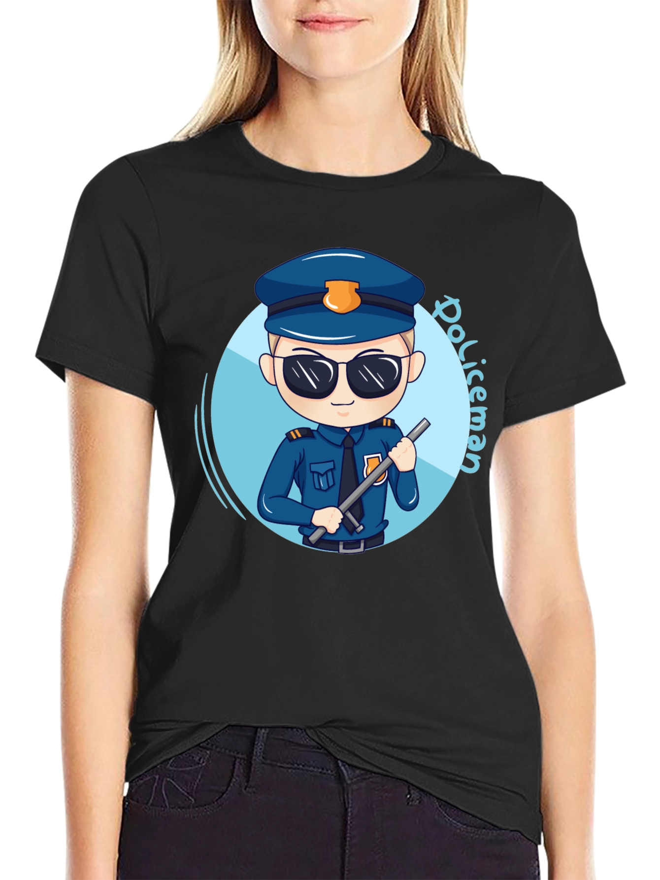 Cartoon Policeman Graphic Tee - Black Unisex T-Shirt