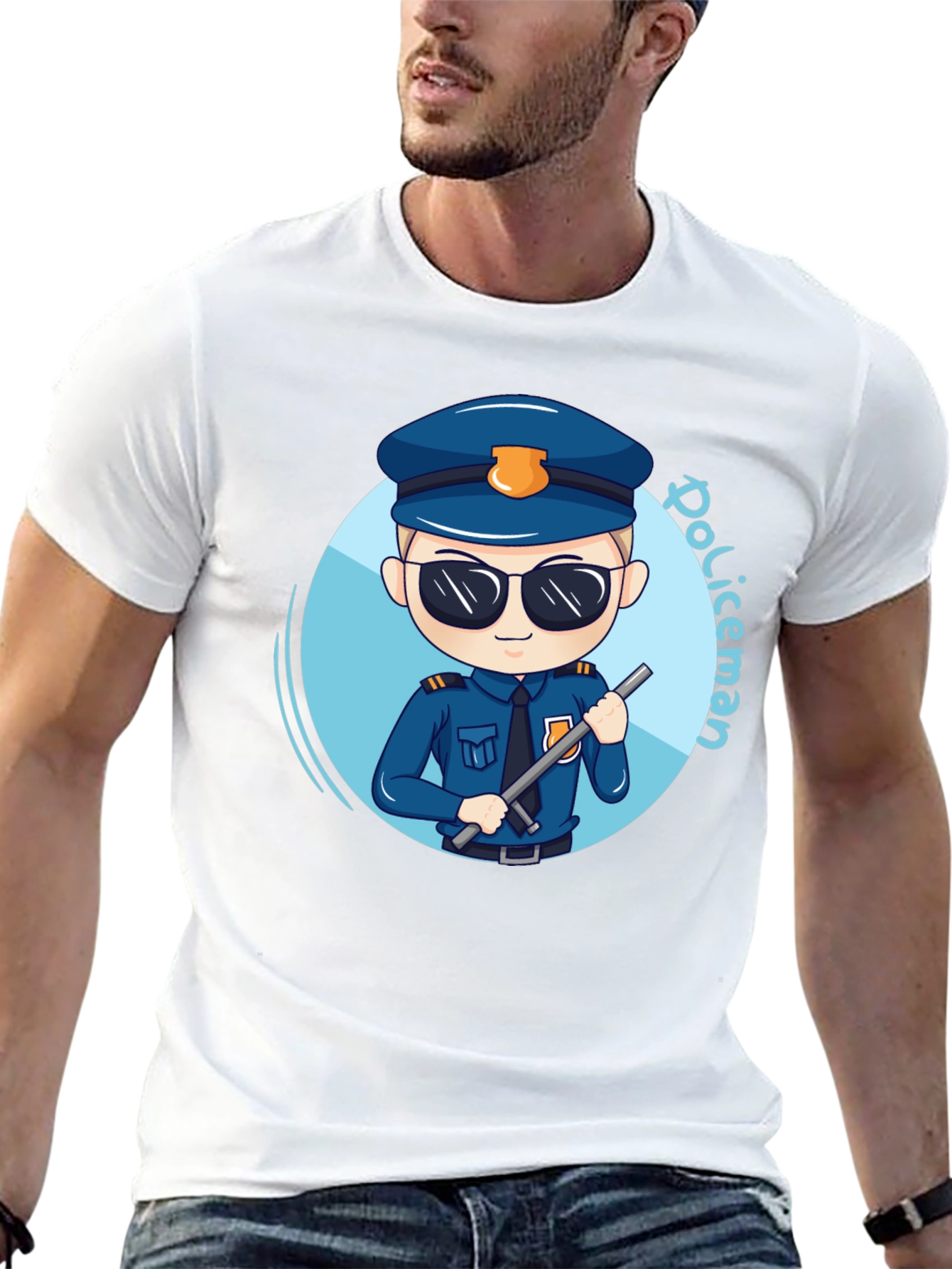 Cartoon Policeman Graphic Tee - Black Unisex T-Shirt