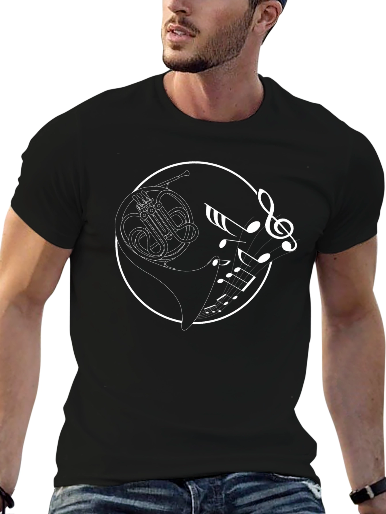 French Horn Music Notes Black T-Shirt