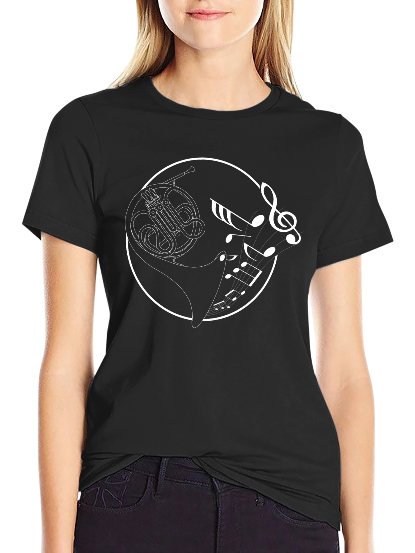 French Horn Music Notes Black T-Shirt