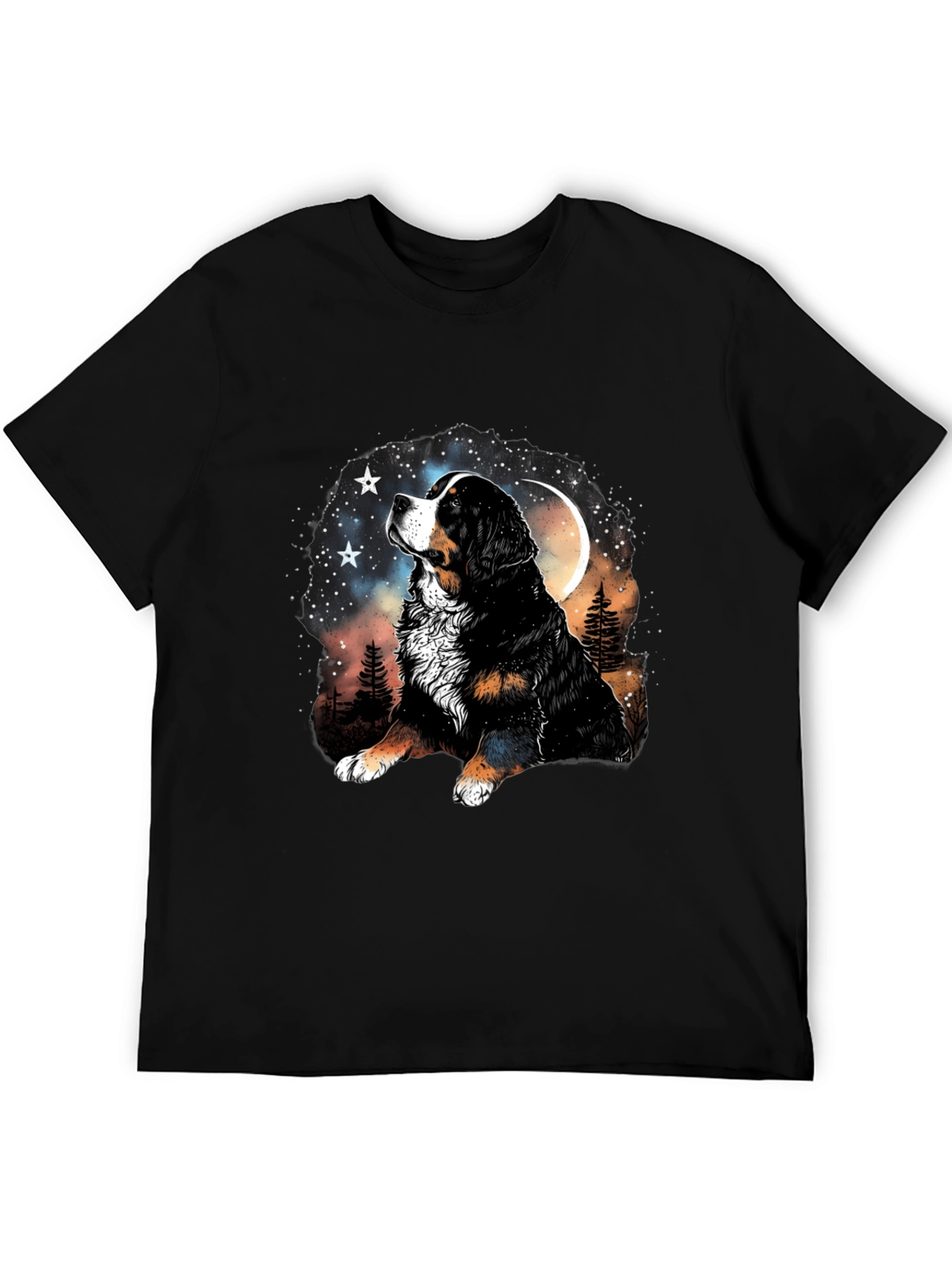 Bernese Mountain Dog Moon Stars Black T-Shirt
