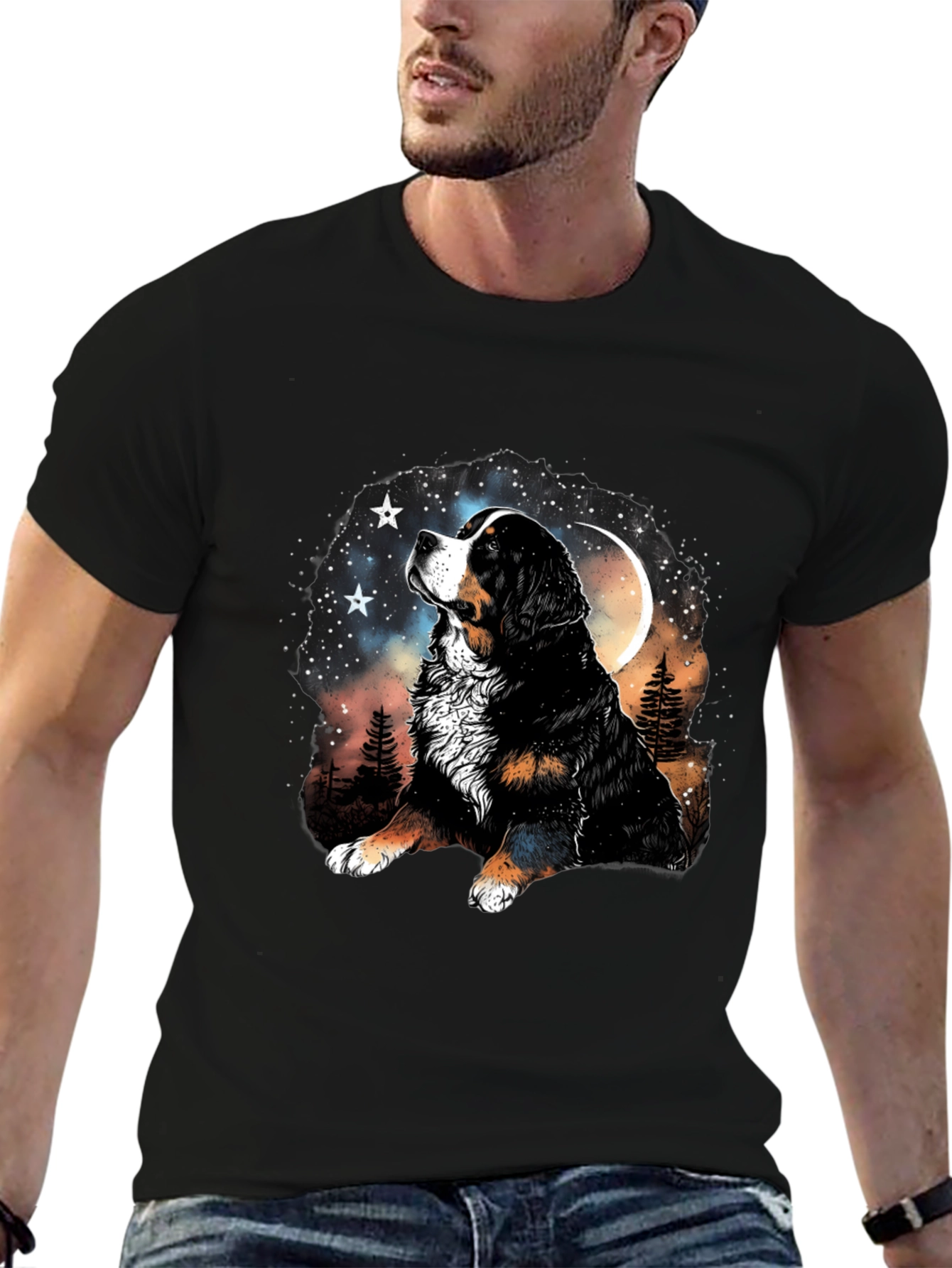 Bernese Mountain Dog Moon Stars Black T-Shirt