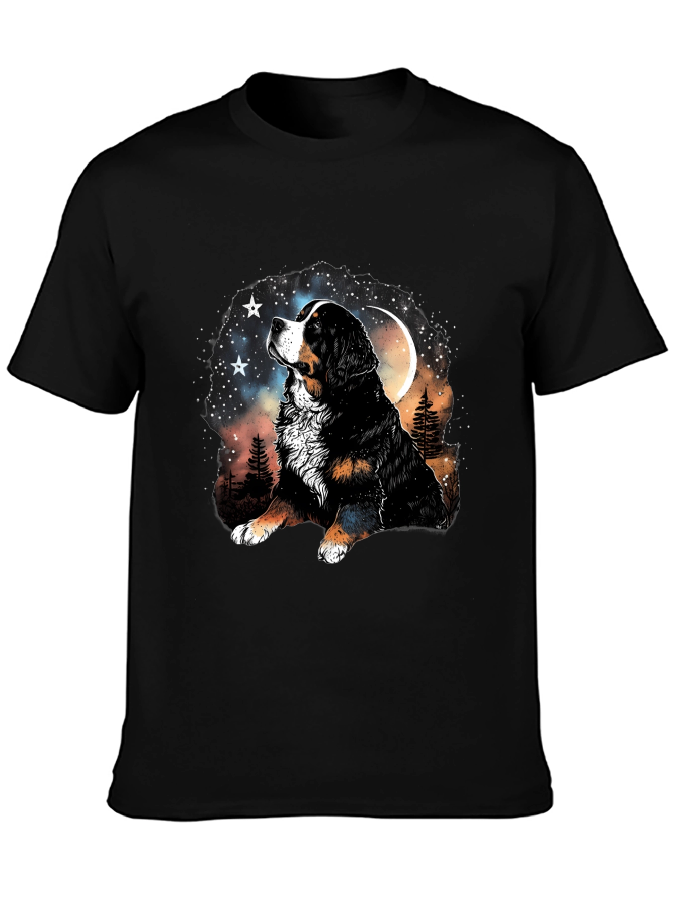 Bernese Mountain Dog Moon Stars Black T-Shirt