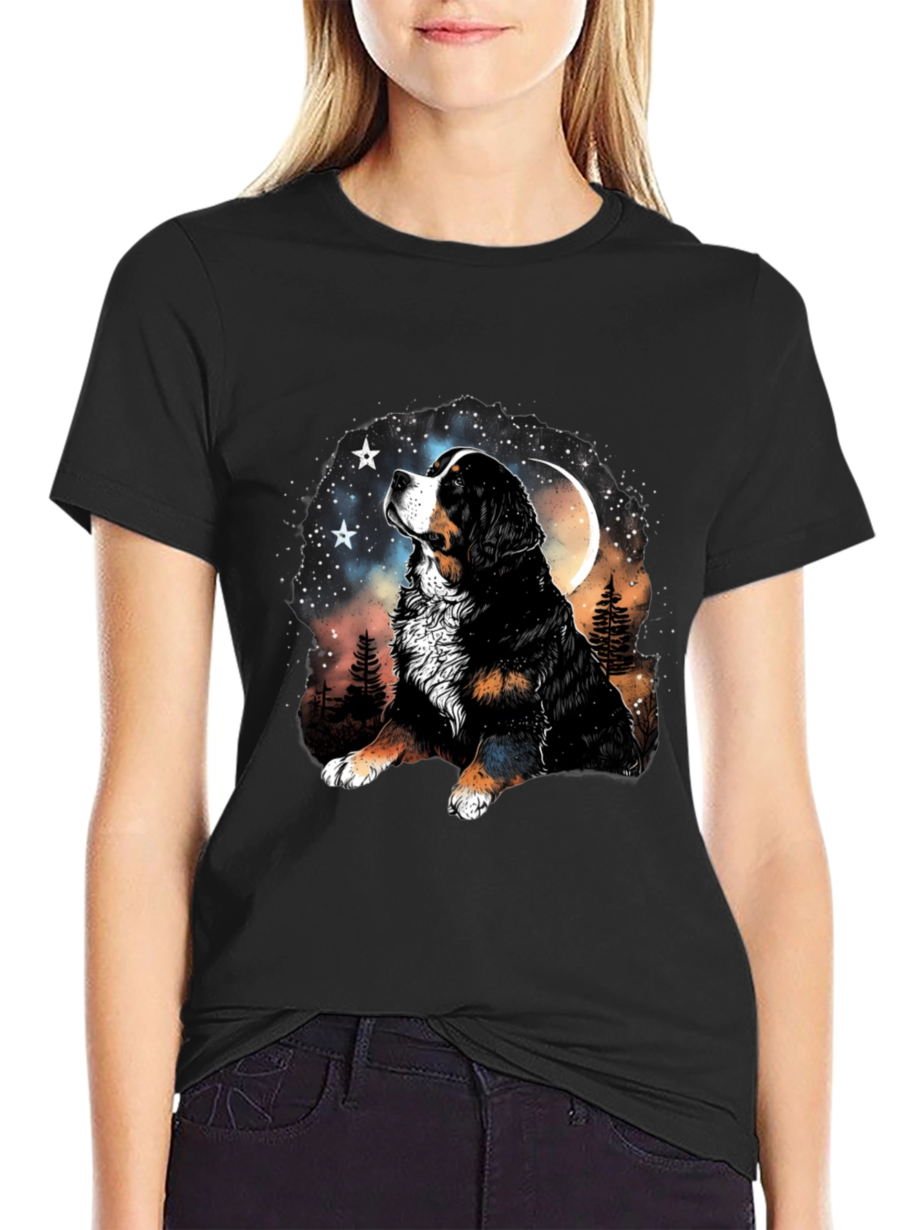 Bernese Mountain Dog Moon Stars Black T-Shirt