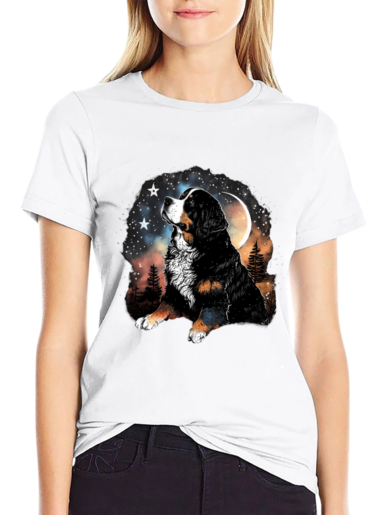 Bernese Mountain Dog Moon Stars Black T-Shirt