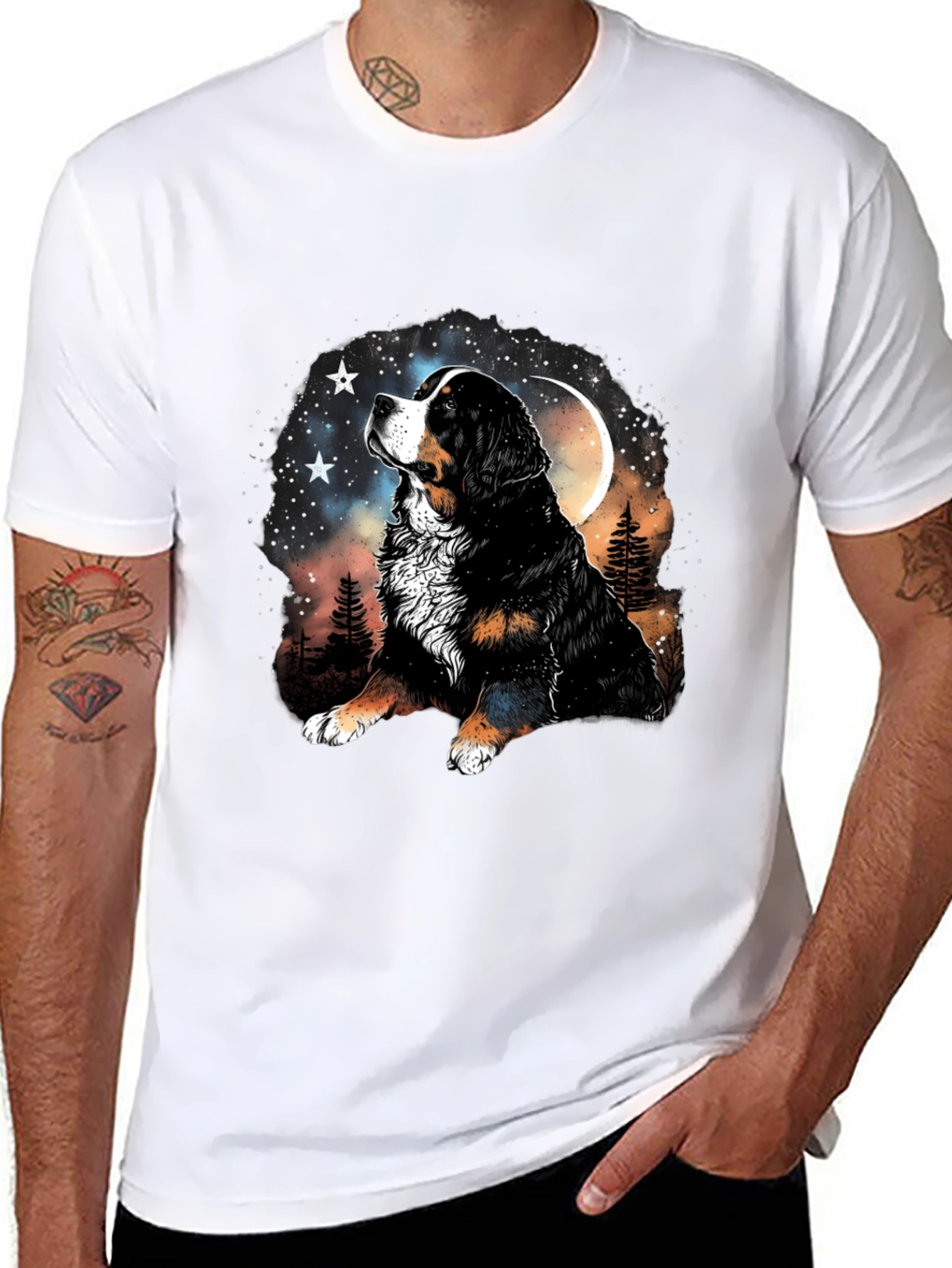 Bernese Mountain Dog Moon Stars Black T-Shirt