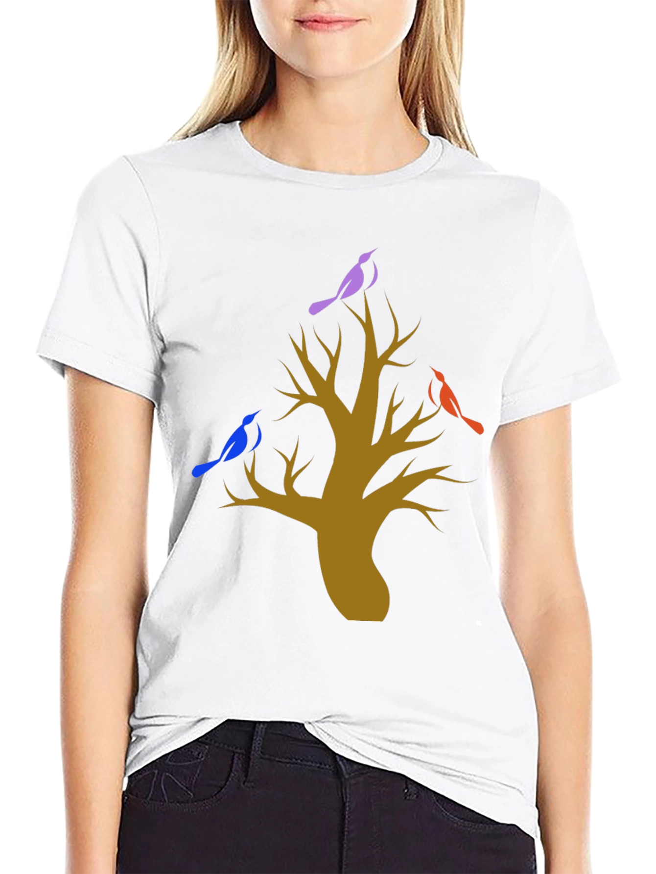 Tree and Birds Graphic Print Black T-Shirt
