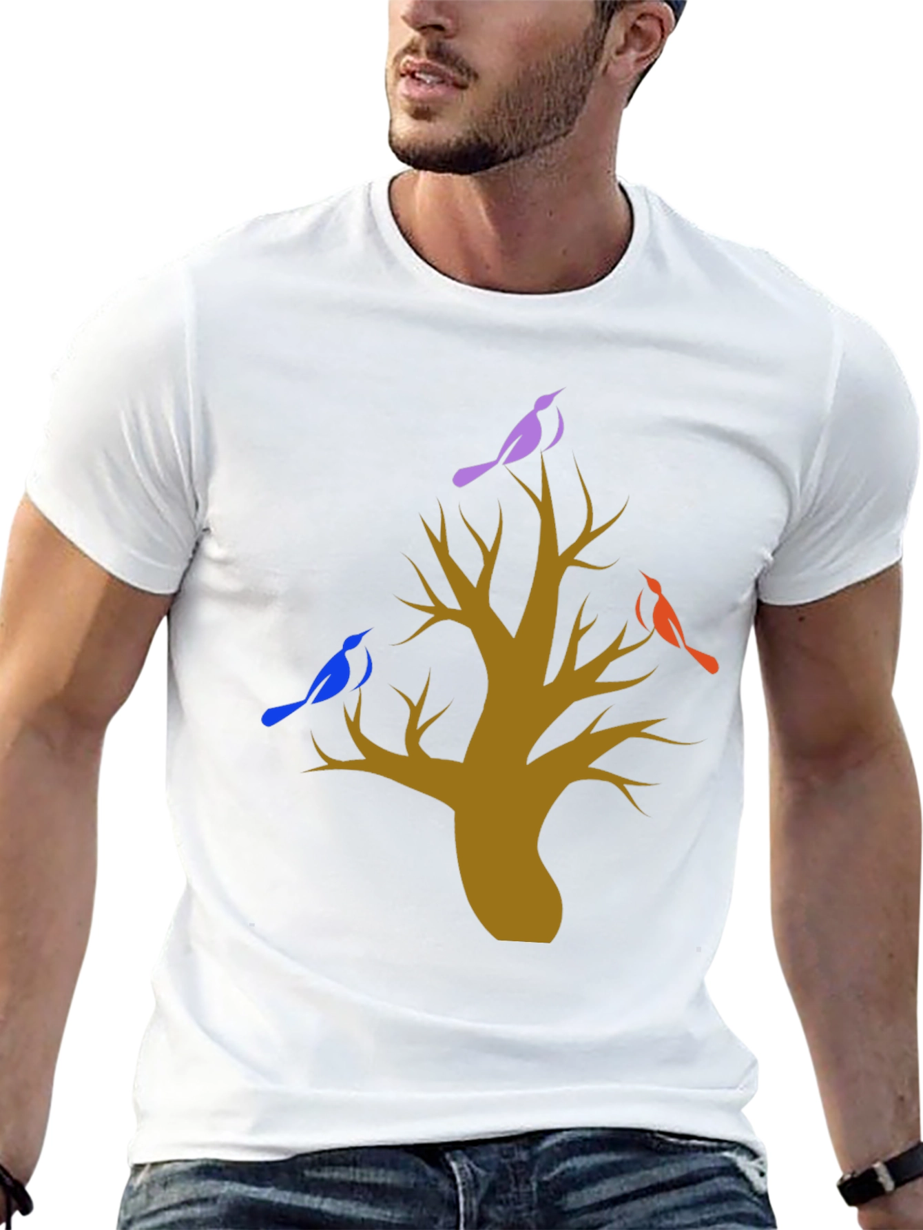 Tree and Birds Graphic Print Black T-Shirt