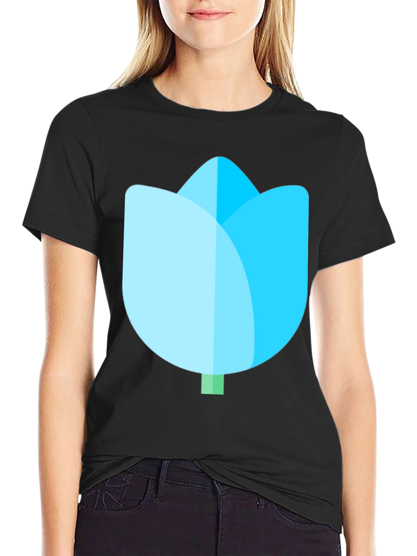 Black T-Shirt with Blue Tulip Graphic
