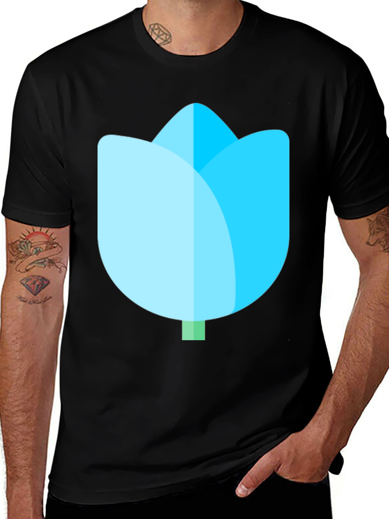 Black T-Shirt with Blue Tulip Graphic
