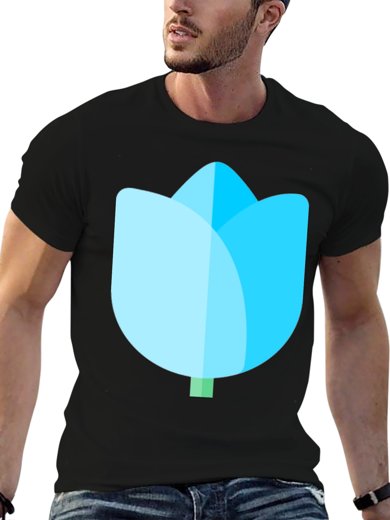 Black T-Shirt with Blue Tulip Graphic