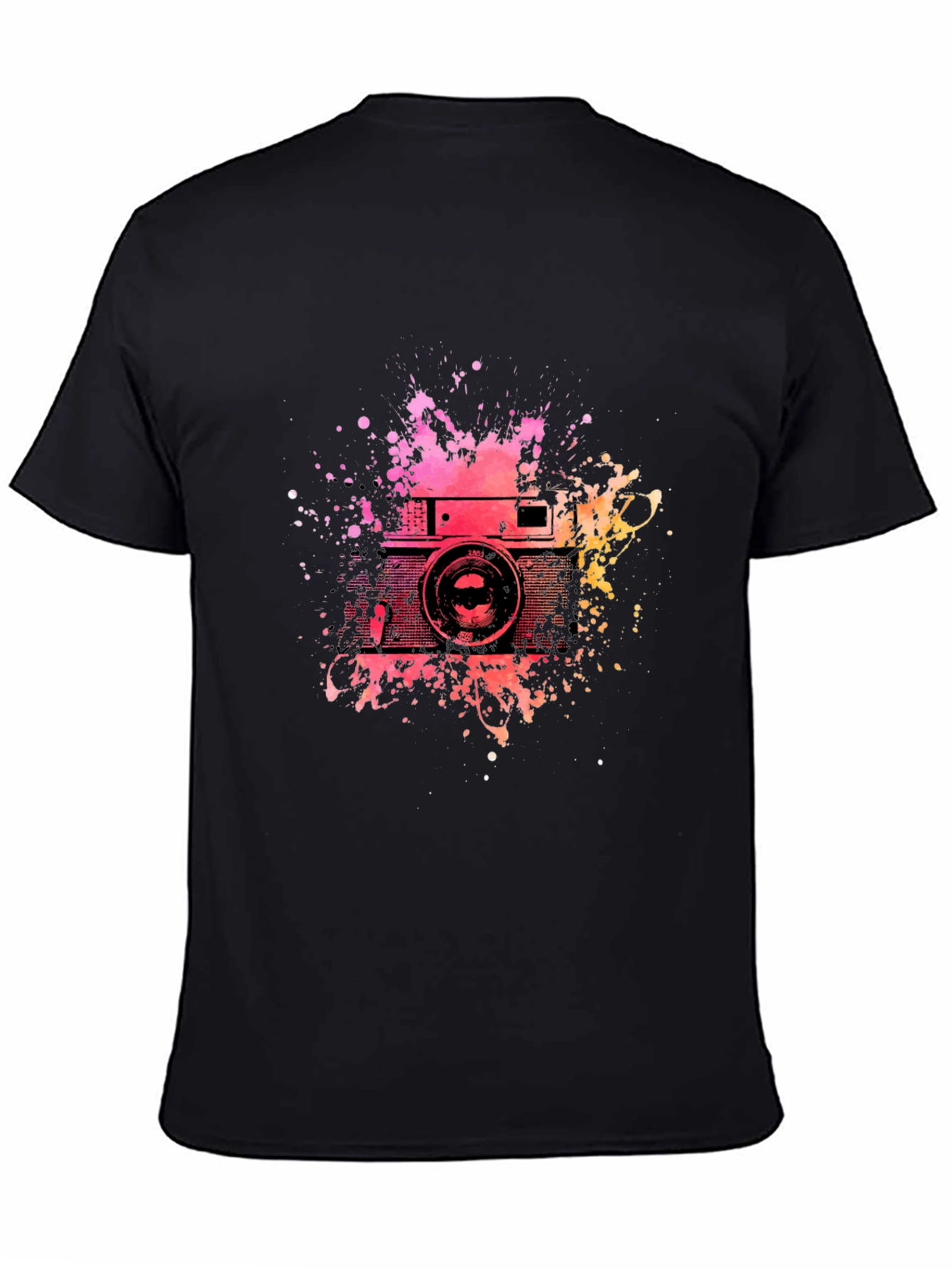 Retro Camera Splash Graphic Tee - Black Cotton T-Shirt