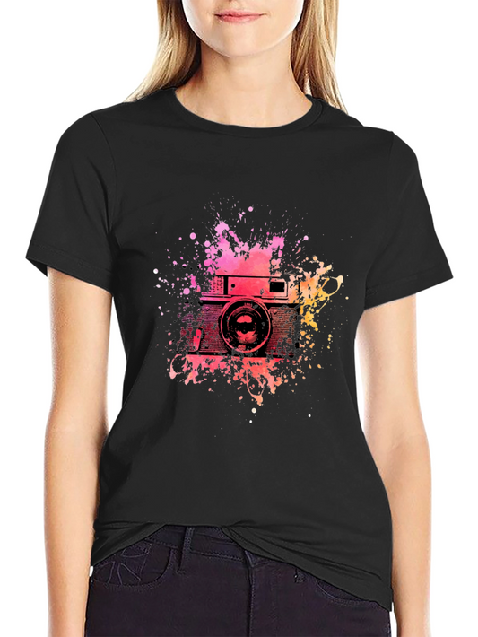Retro Camera Splash Graphic Tee - Black Cotton T-Shirt