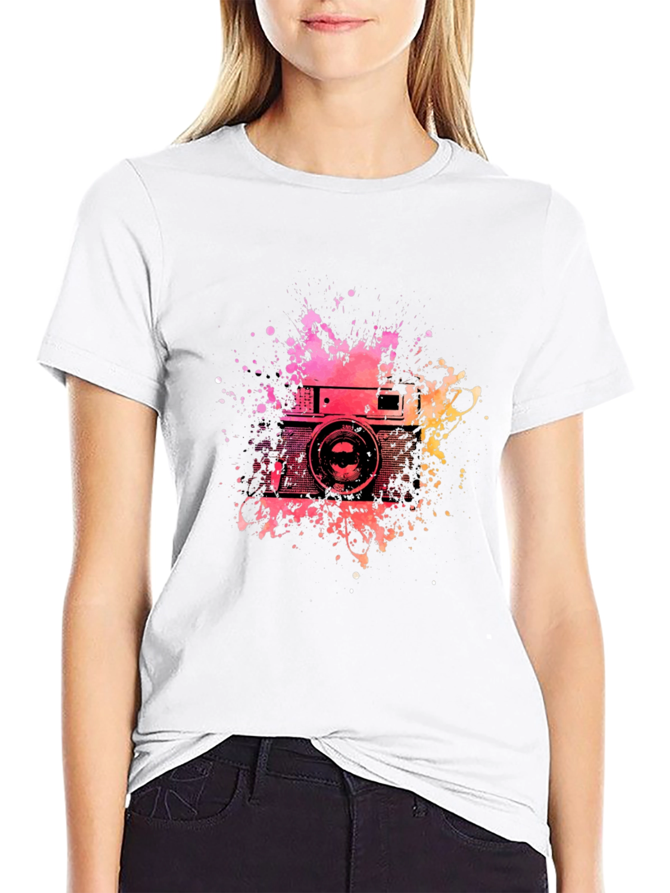 Retro Camera Splash Graphic Tee - Black Cotton T-Shirt