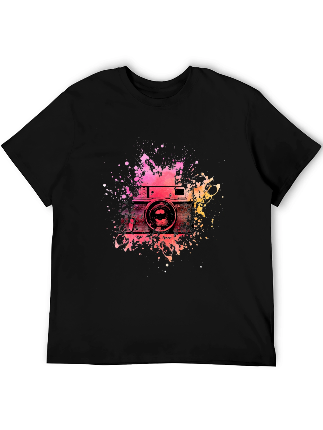Retro Camera Splash Graphic Tee - Black Cotton T-Shirt