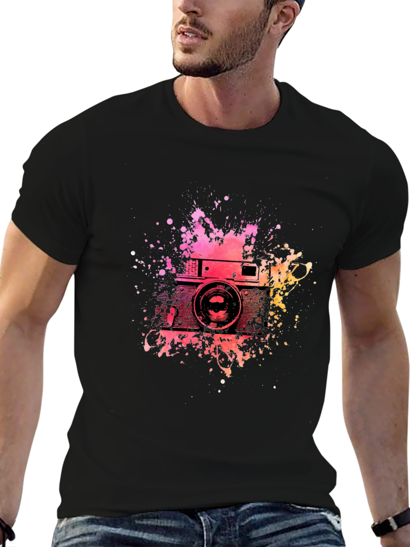 Retro Camera Splash Graphic Tee - Black Cotton T-Shirt