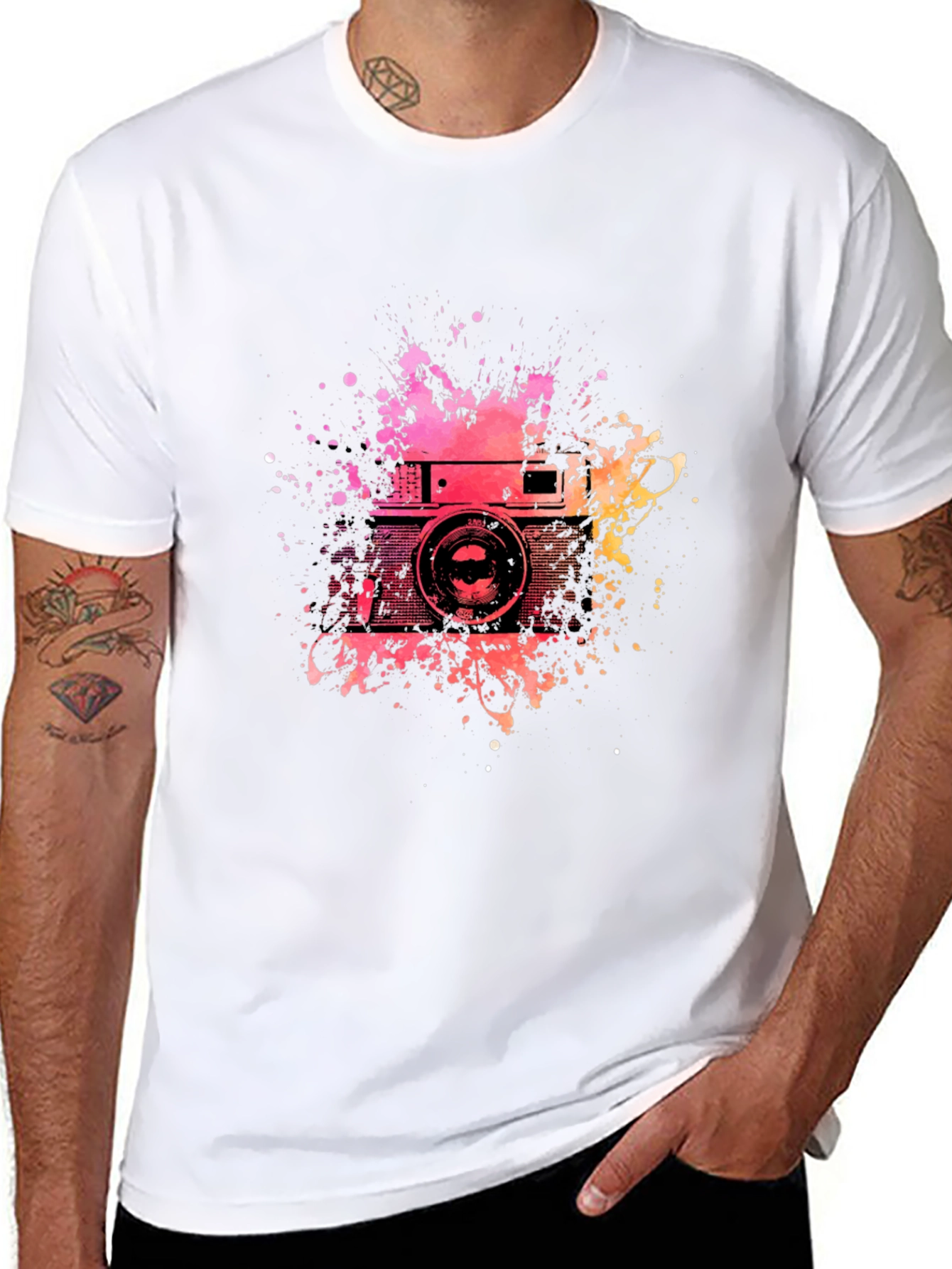 Retro Camera Splash Graphic Tee - Black Cotton T-Shirt