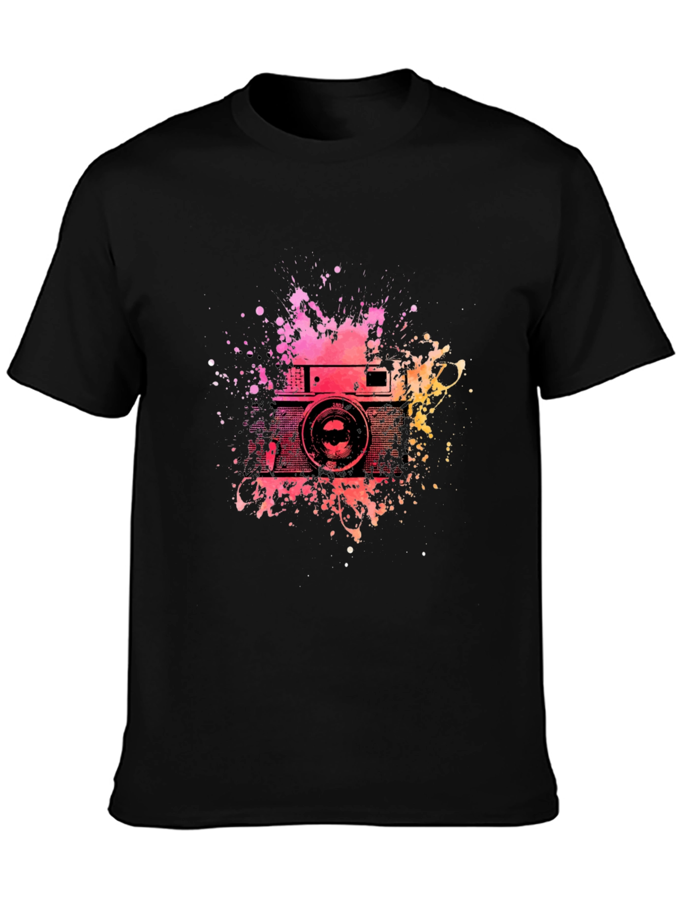 Retro Camera Splash Graphic Tee - Black Cotton T-Shirt