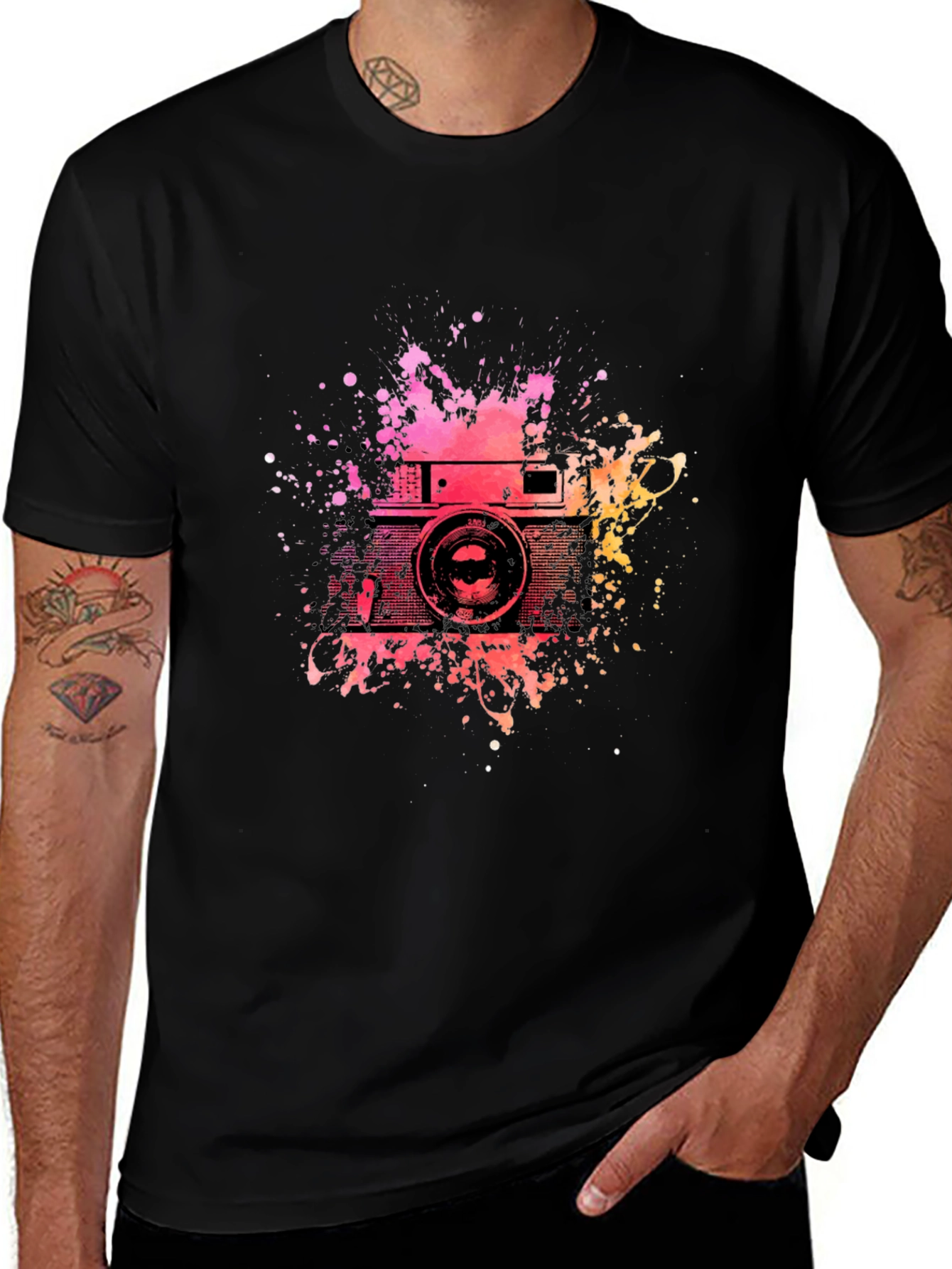 Retro Camera Splash Graphic Tee - Black Cotton T-Shirt