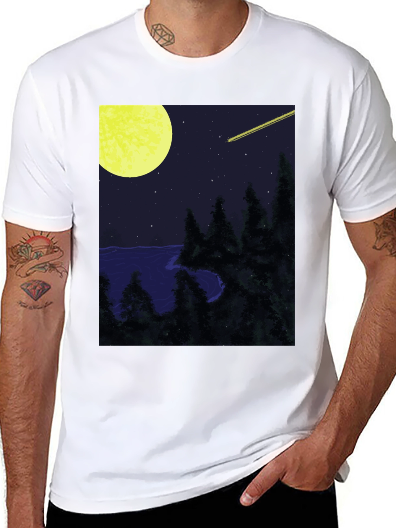 Nightscape T-Shirt - Moon Stars and Shooting Star Design