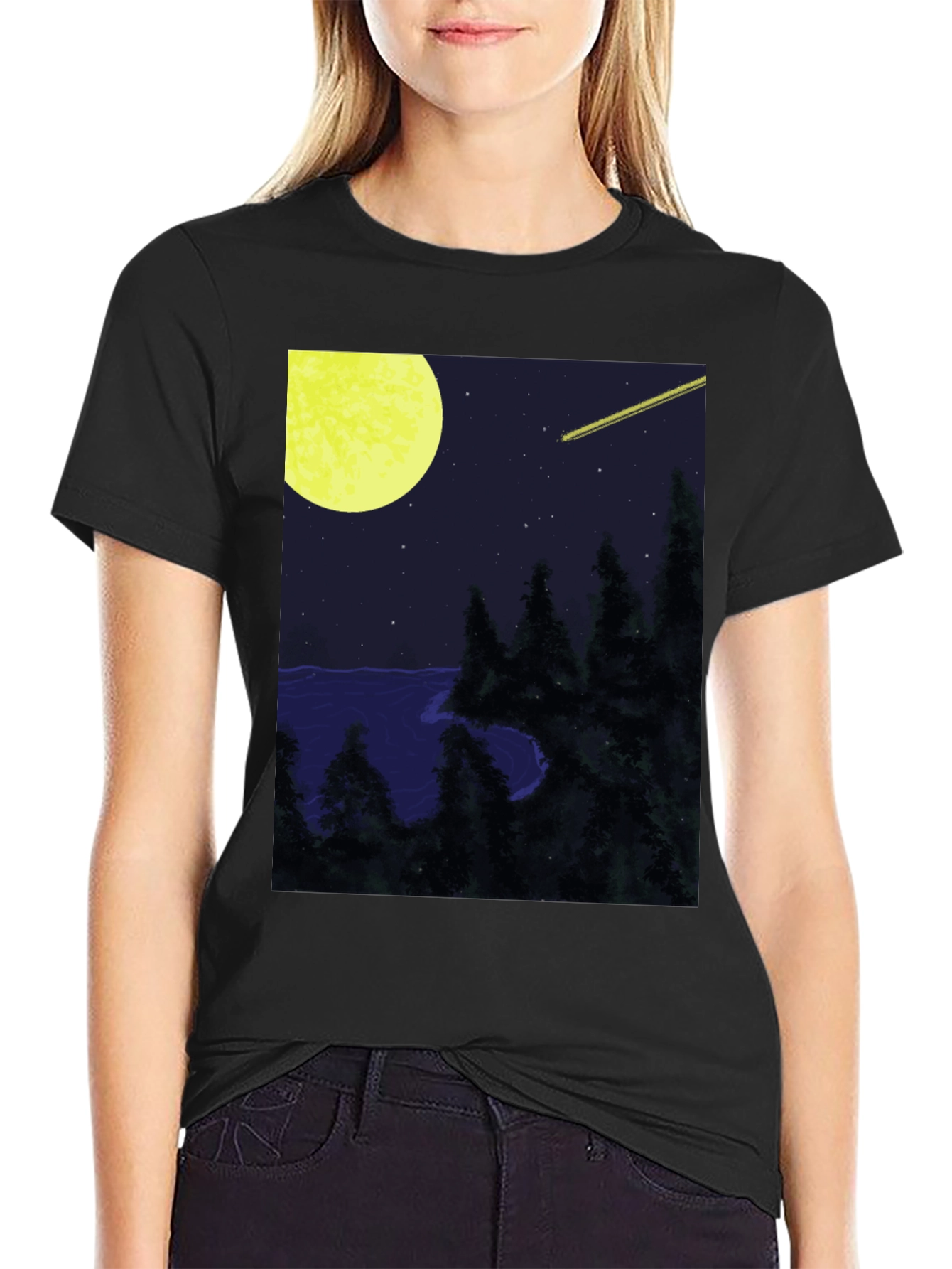 Nightscape T-Shirt - Moon Stars and Shooting Star Design