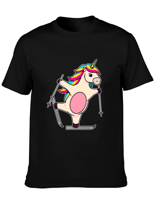 Skiing Unicorn T-Shirt - Black Cotton Tee