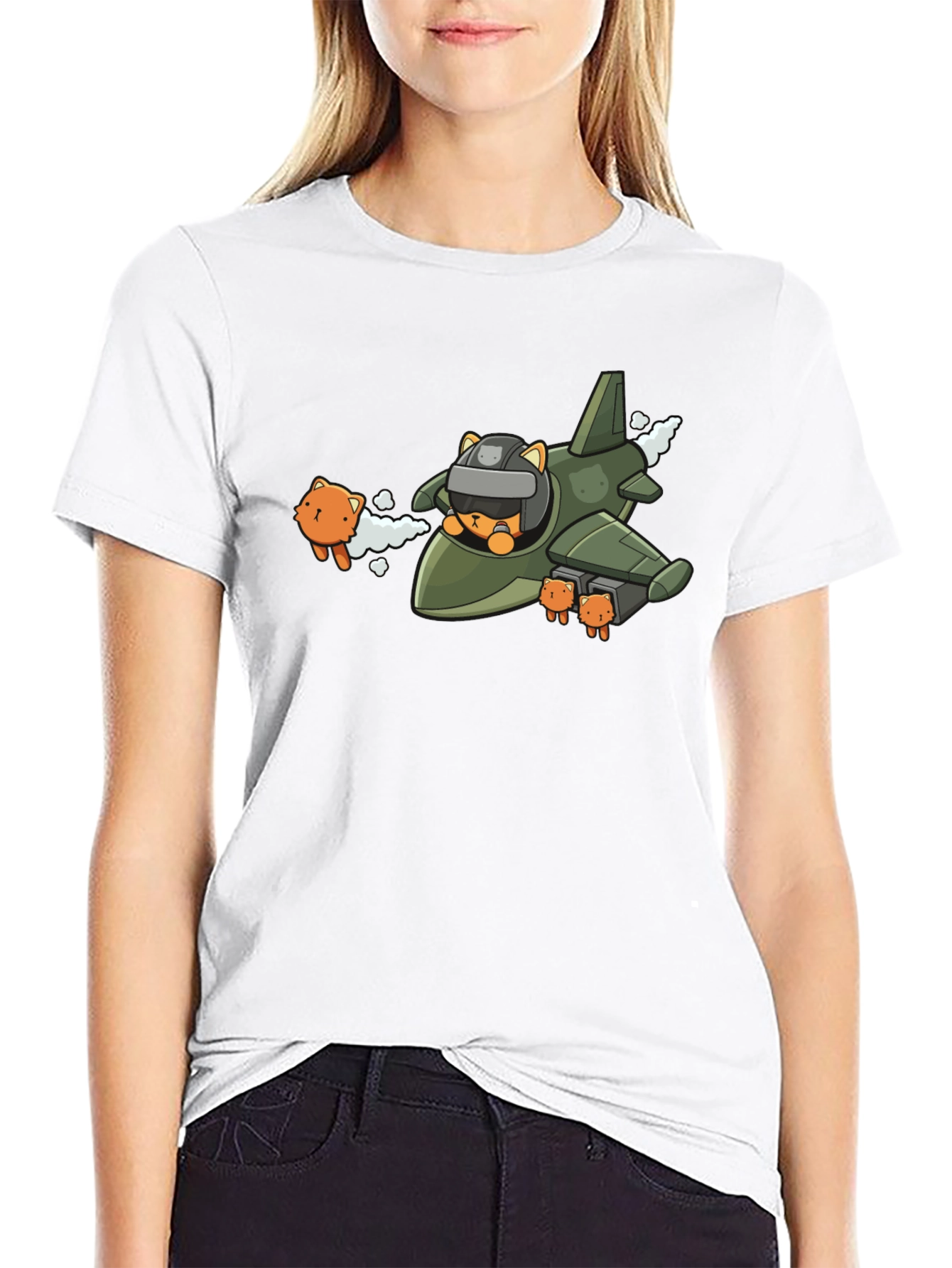 Cute Cat Pilot Black T-Shirt