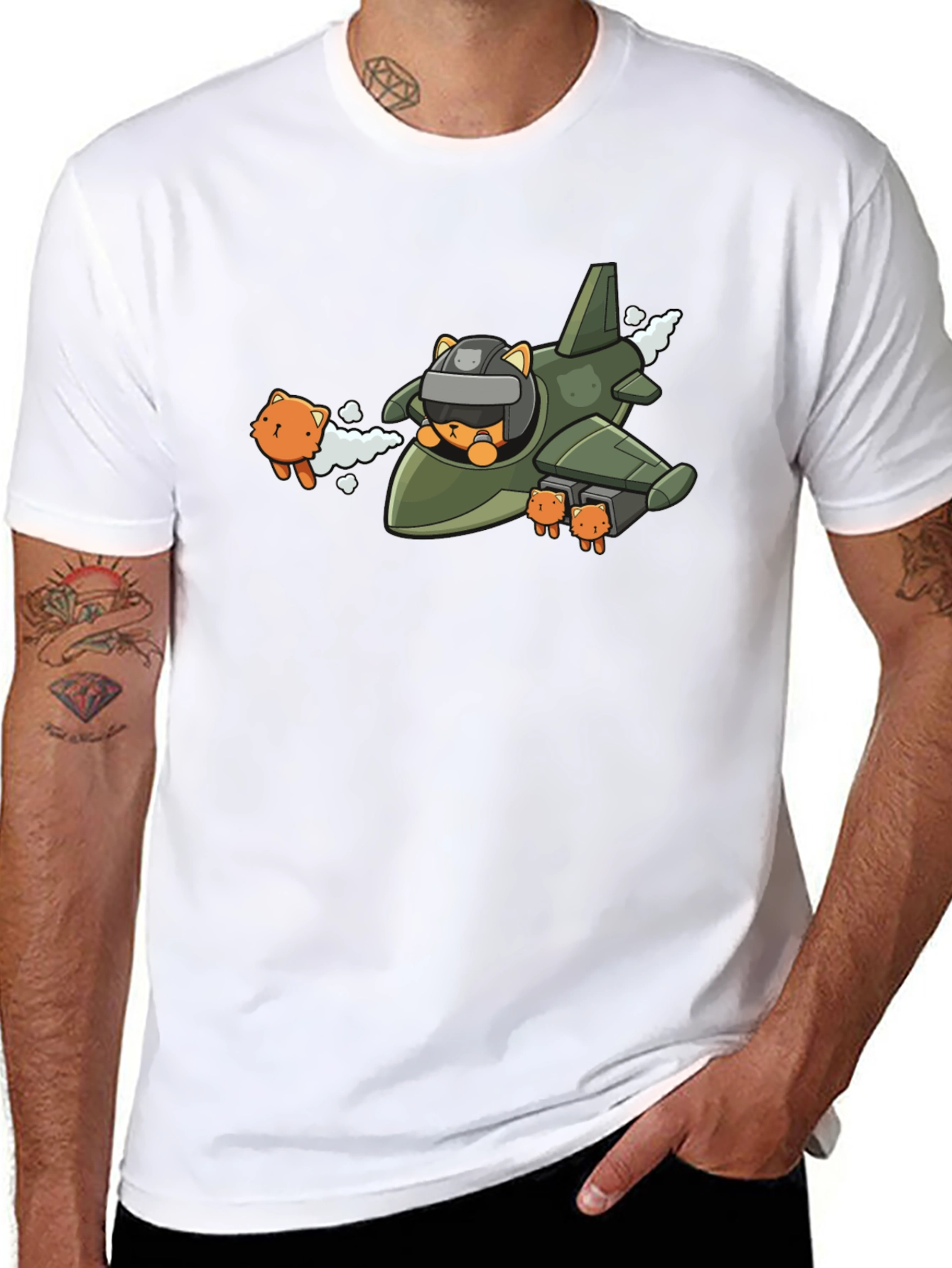 Cute Cat Pilot Black T-Shirt