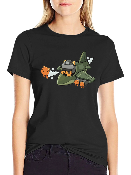 Cute Cat Pilot Black T-Shirt
