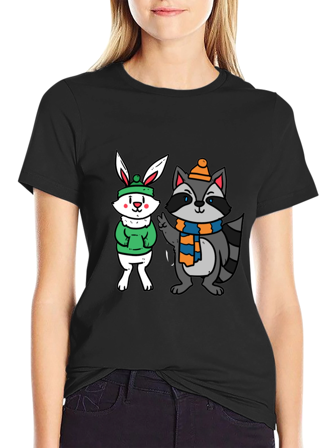 Cute Cartoon Animals Graphic Black T-Shirt