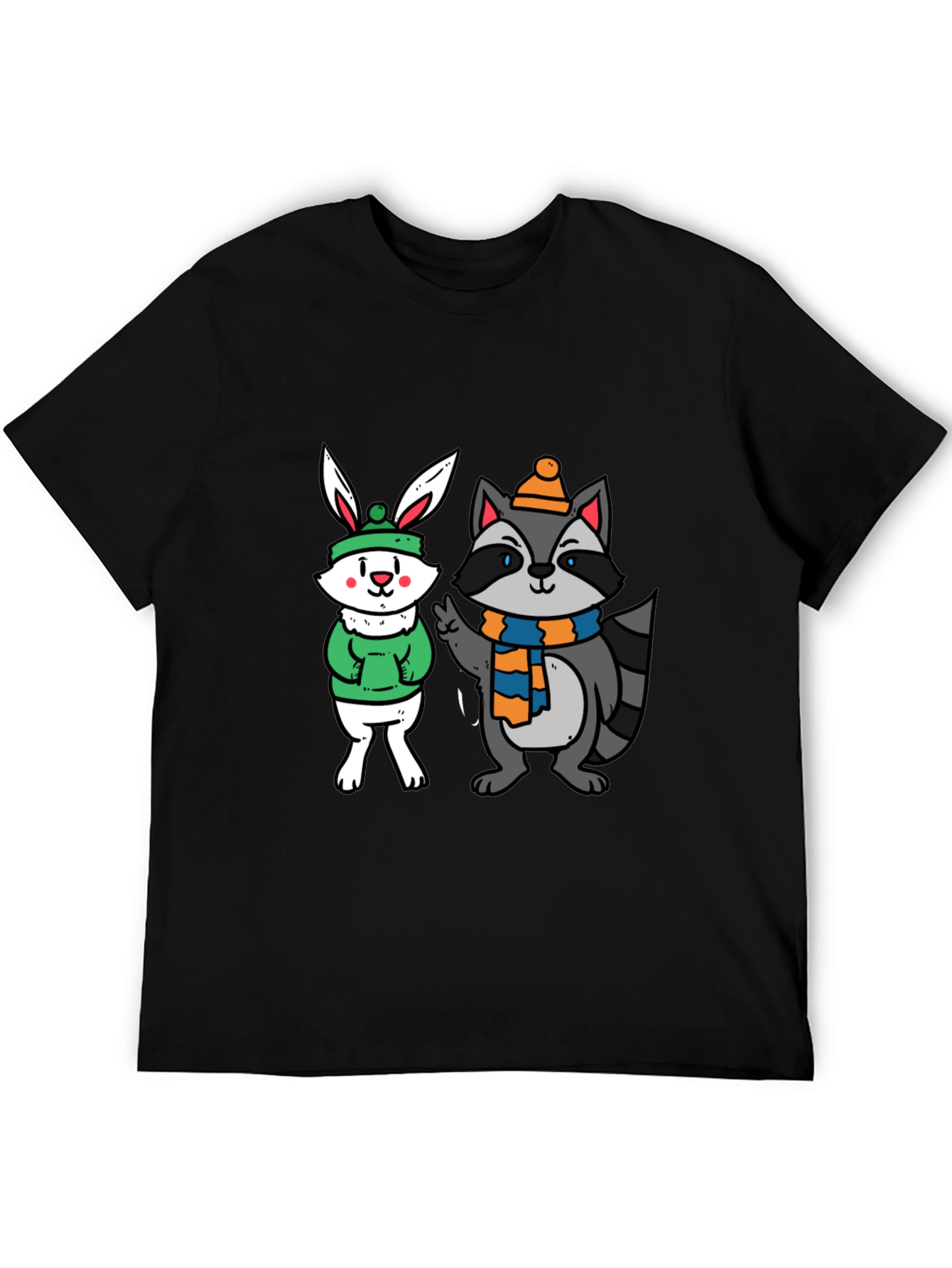 Cute Cartoon Animals Graphic Black T-Shirt