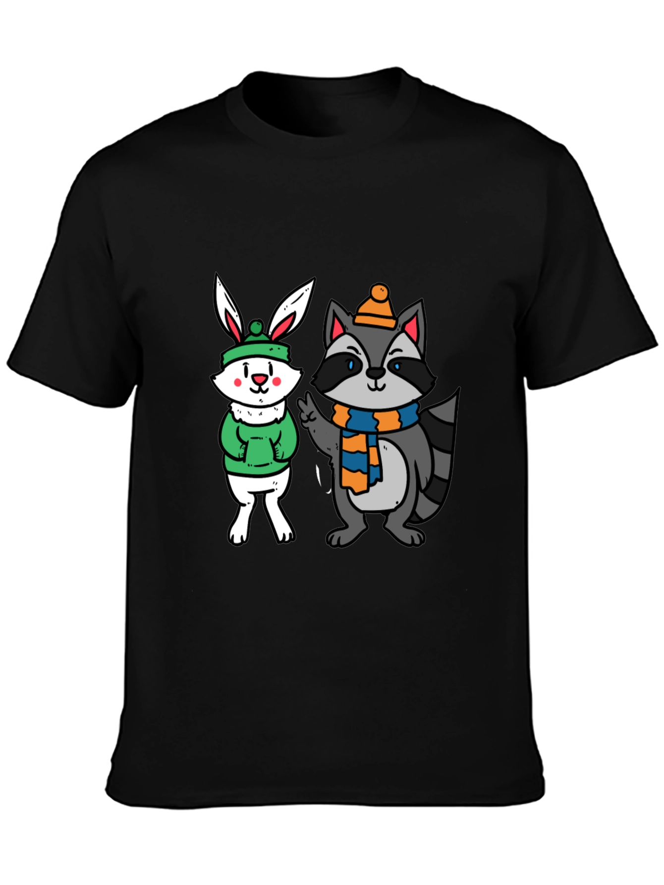 Cute Cartoon Animals Graphic Black T-Shirt