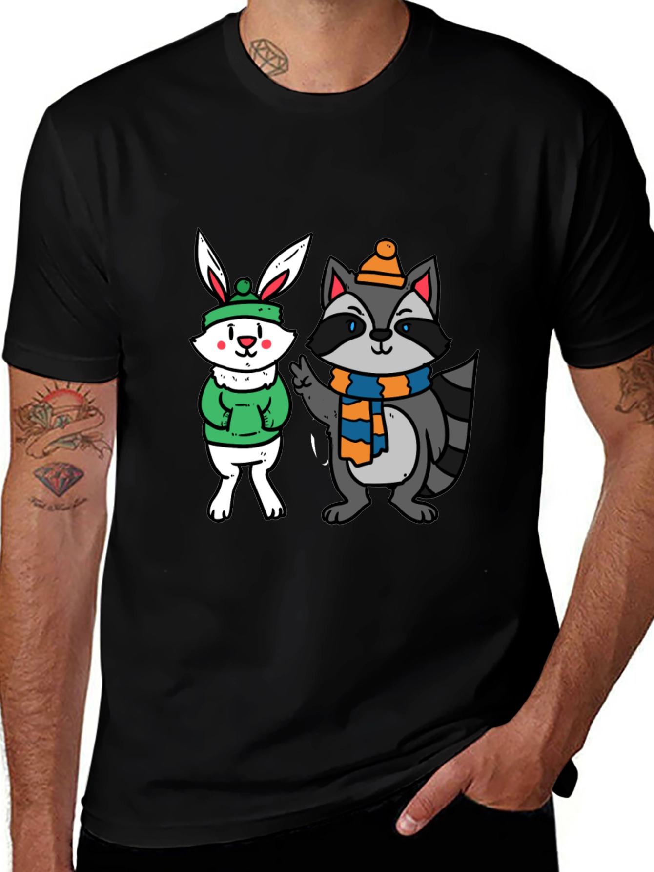 Cute Cartoon Animals Graphic Black T-Shirt