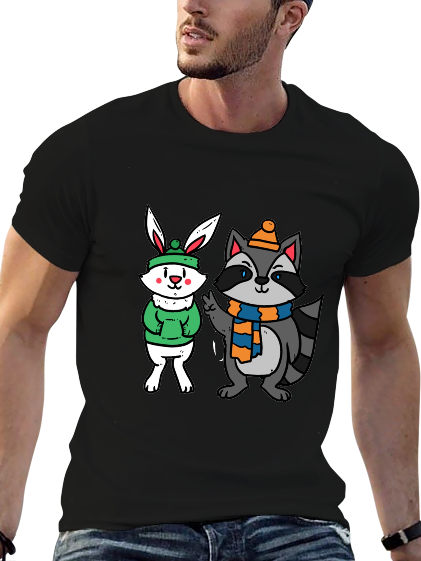 Cute Cartoon Animals Graphic Black T-Shirt