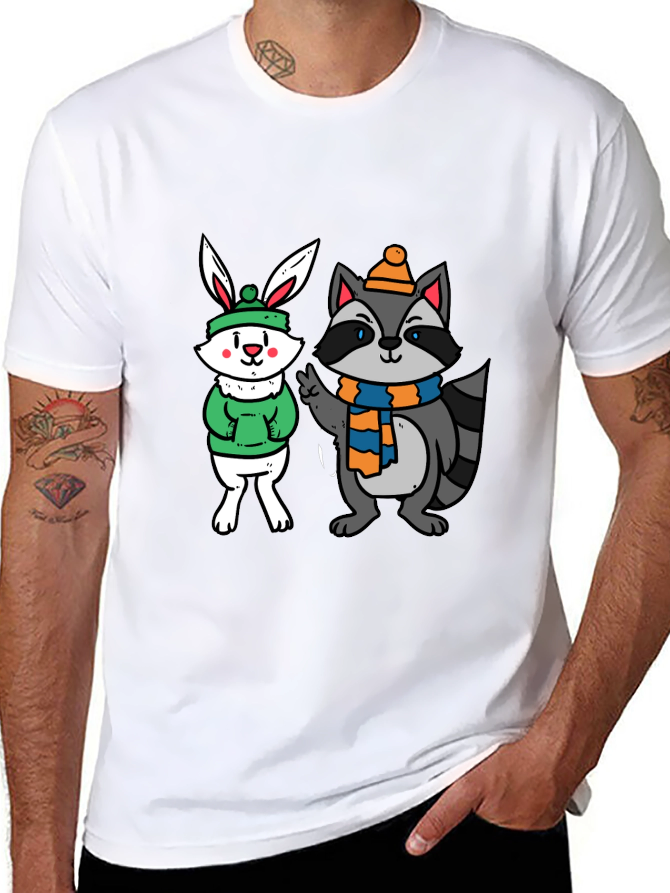 Cute Cartoon Animals Graphic Black T-Shirt
