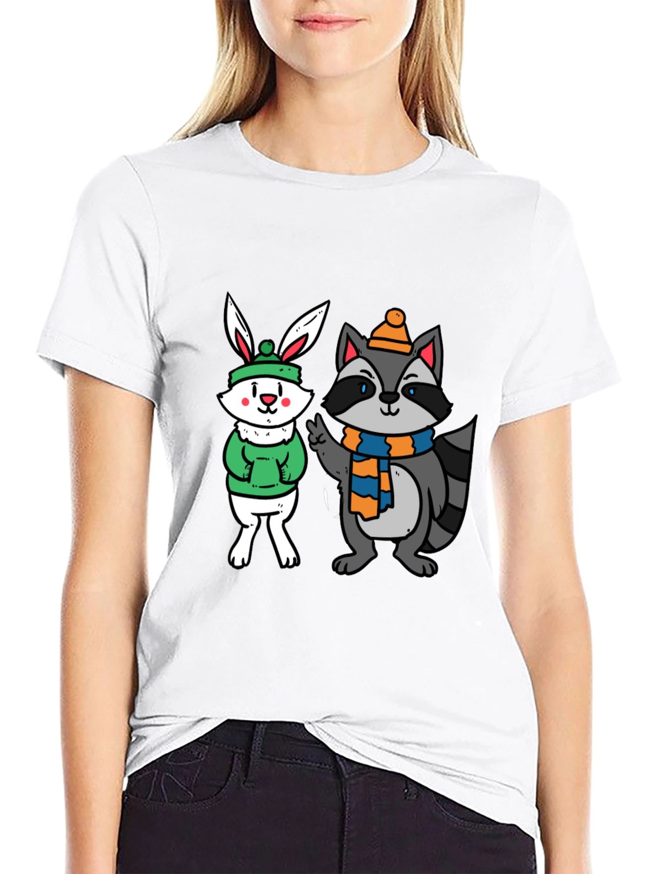 Cute Cartoon Animals Graphic Black T-Shirt