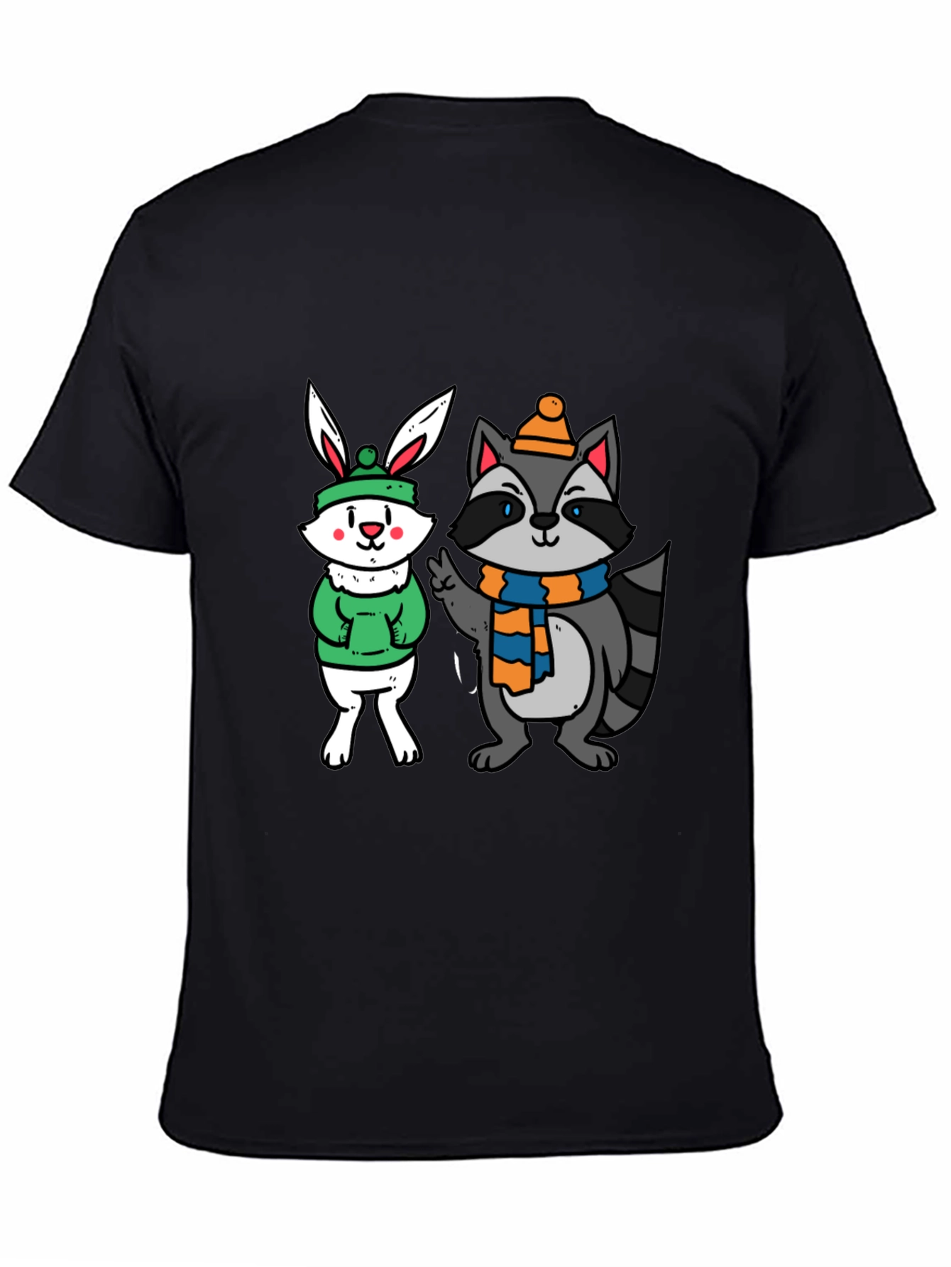 Cute Cartoon Animals Graphic Black T-Shirt