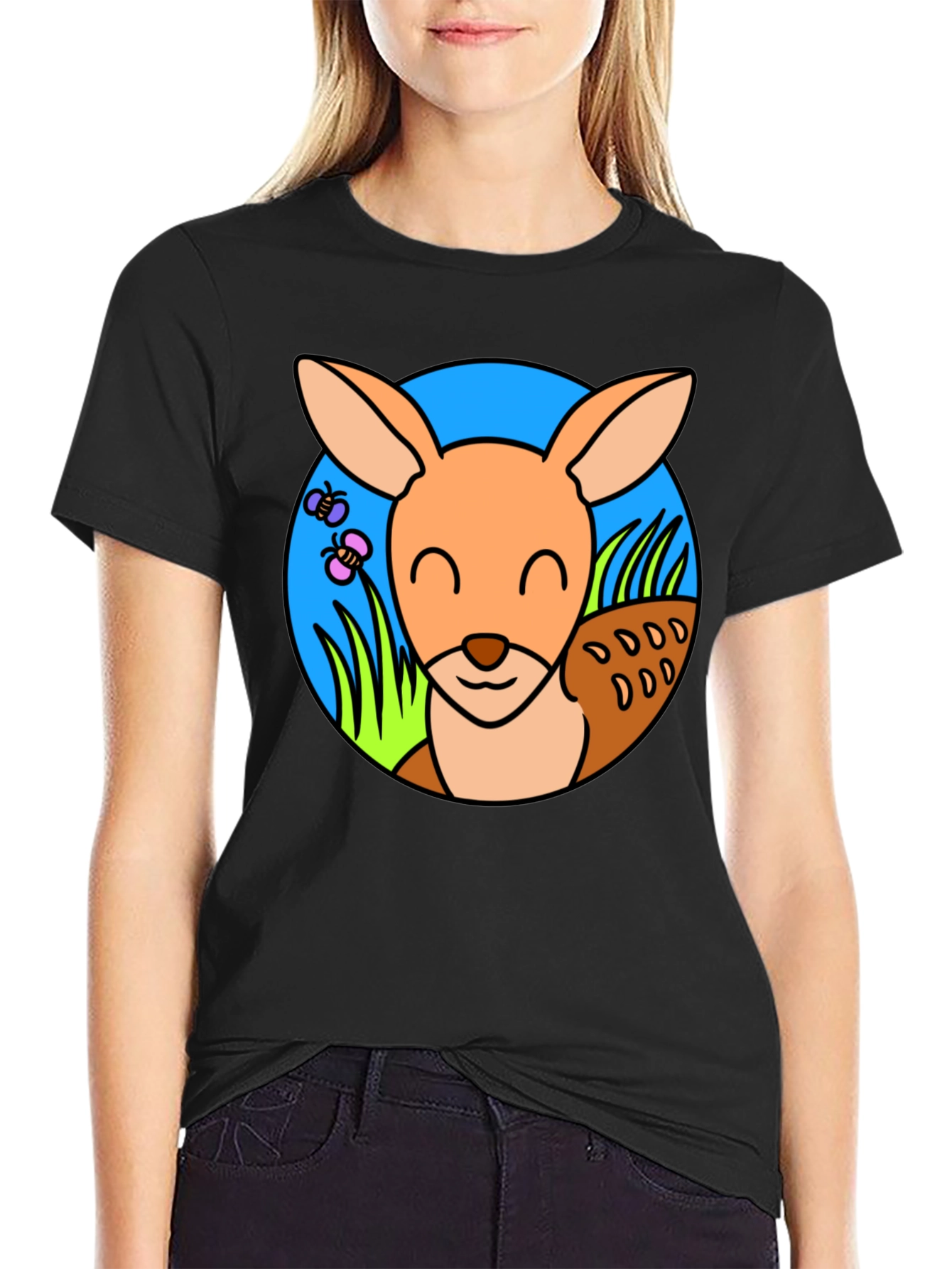 Cute Kangaroo Graphic Tee - Black Cotton T-Shirt