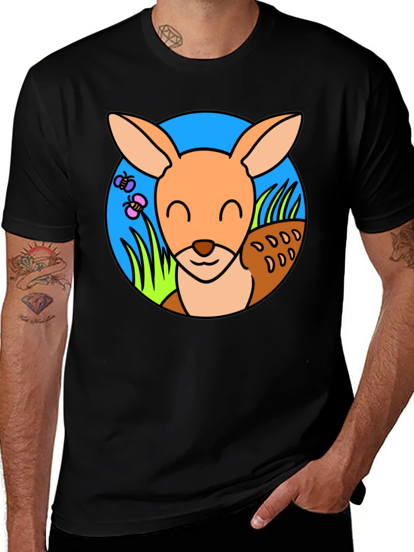 Cute Kangaroo Graphic Tee - Black Cotton T-Shirt
