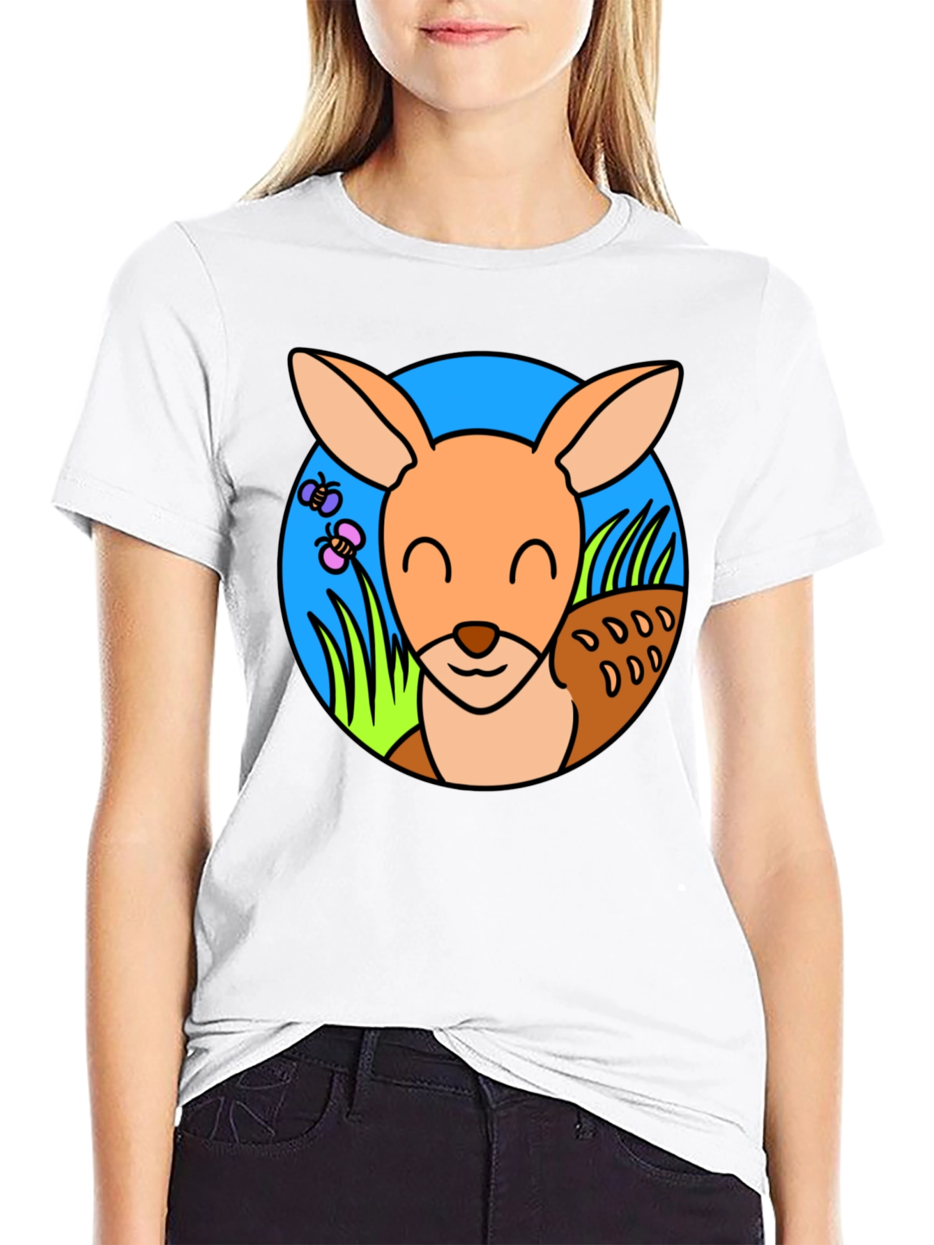 Cute Kangaroo Graphic Tee - Black Cotton T-Shirt