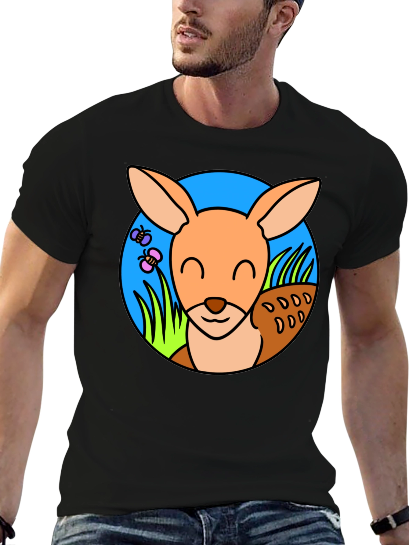 Cute Kangaroo Graphic Tee - Black Cotton T-Shirt